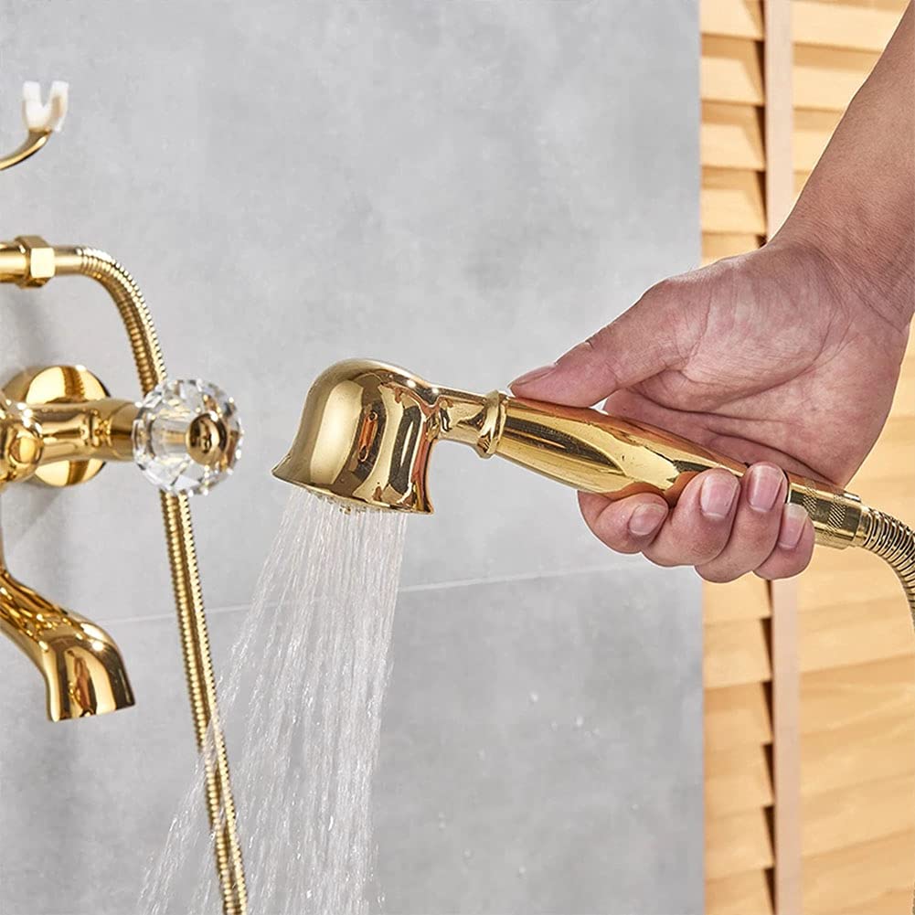 Grifo Bañera Con Alcachofa De Mano Latón Color Oro Mezclador De Bañera Montaje En Pared, Incluye Soporte Y Manguera De 150 Cm, Dos Asas Grifo De Ducha, Antiguo