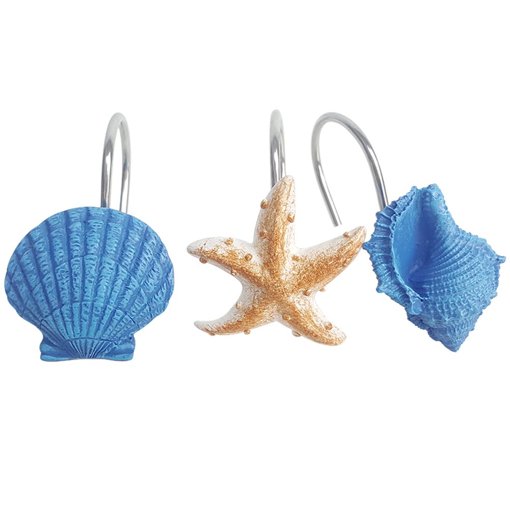 Set of 12 Starfish Seashell Conch Style Shower Curtain Hooks Rust Proof Rings Bathroom Hangers Resin Decorative Shower Curtain Hook