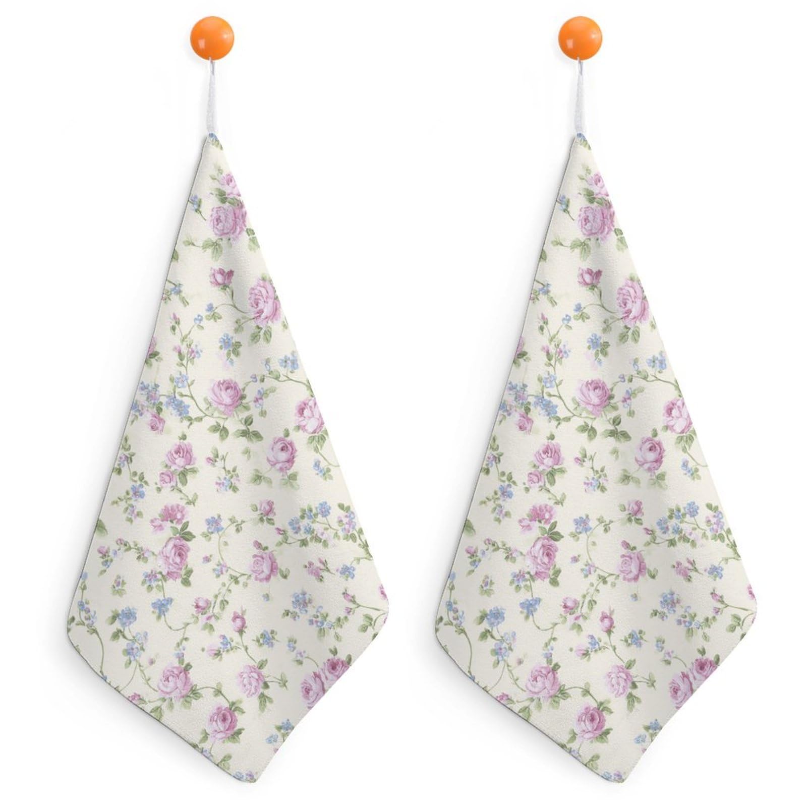 Jubonexis Floral Pink Roses Flowers with Curling Sprigs Small Hand Towel with Hanging Loop 2 PCS Absorbent Soft Wash Cloth for Kitchen Bathroom