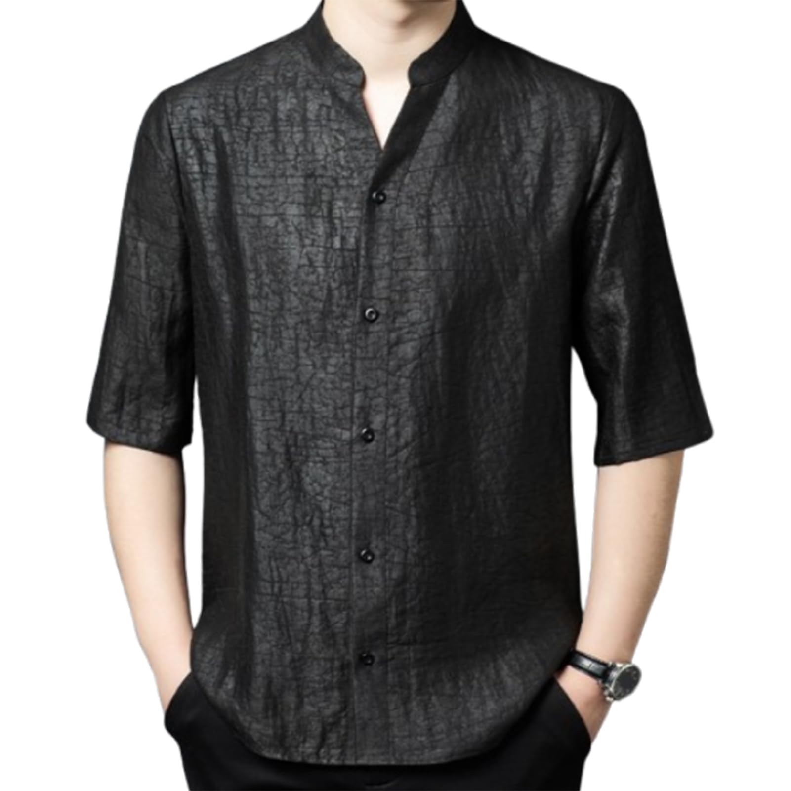 Men's Loose-Fit Short Sleeve Silk Tangzhuang Shirt, Cracked Print Business Casual Summer Shirt