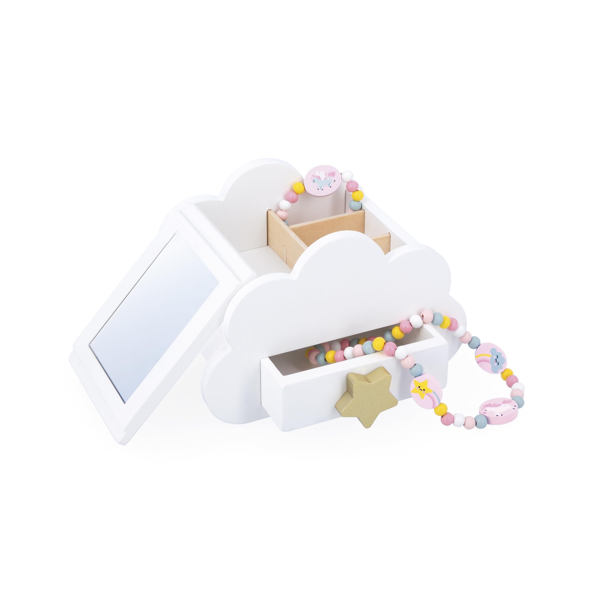 Janod - Jewellery Box with Secret Openings - Comes with 1 Unicorn Bracelet and 1 Unicorn Collie - With Drawer and Mirror - 17cm x 11cm From 3 Years - J06462, White