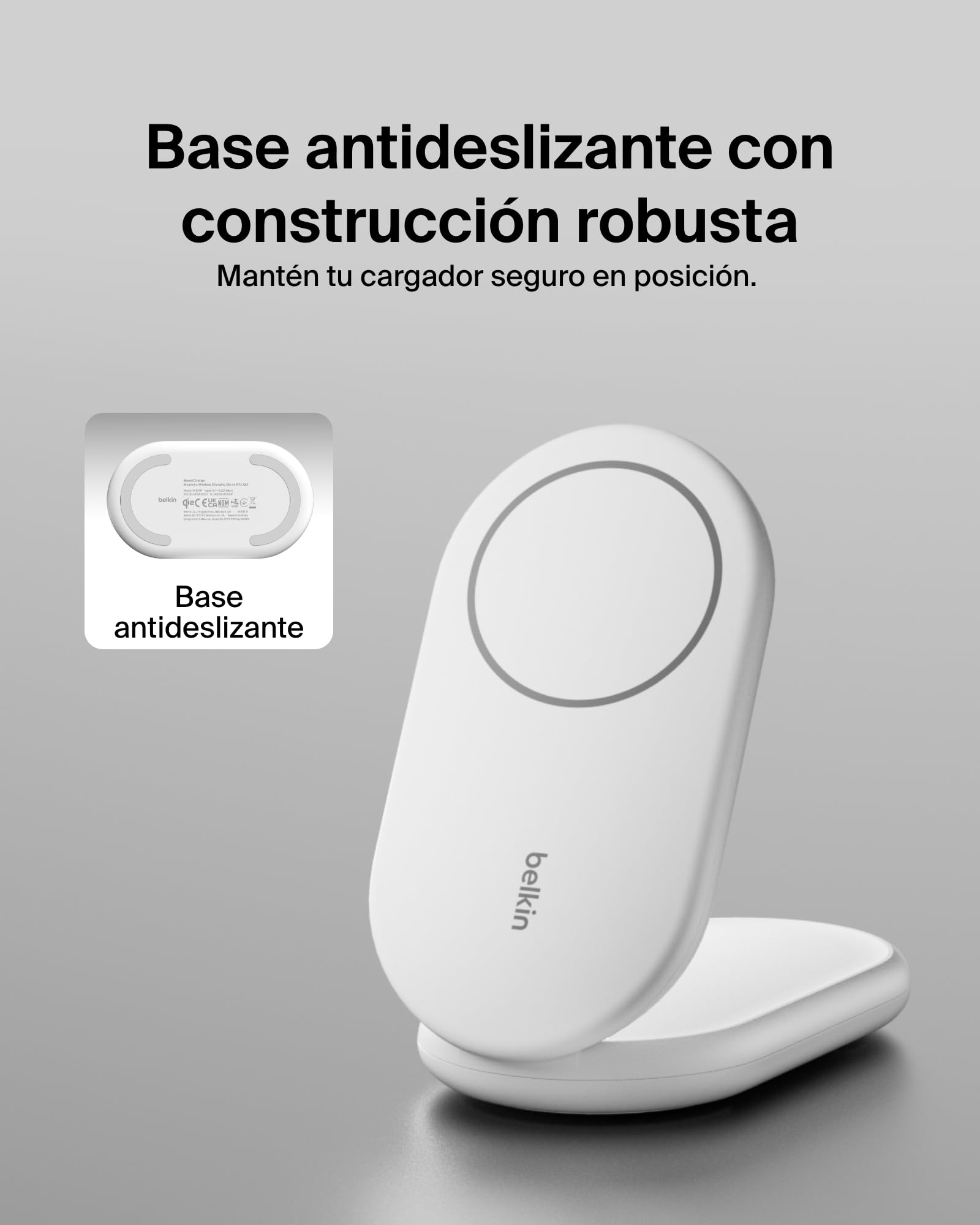 Belkin BoostCharge Cargador Inalámbrico con Qi2, Soporte Magnético Plegable 15W, Compatible con MagSafe, Cargador rápido portátil, admite Modo Standby, para iPhone 17, 16, 15, 14 y 13 - Blanco