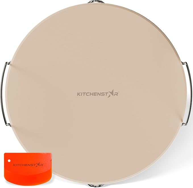 KitchenStar 16-inch Pizza Stone for Oven and BBQ Grill with Handles, Round, 5/8" Thick - Natural Cordierite, 1800 °F Resistant, Baking Stone Set with Stainless Steel Rack & Plastic Scraper Tool