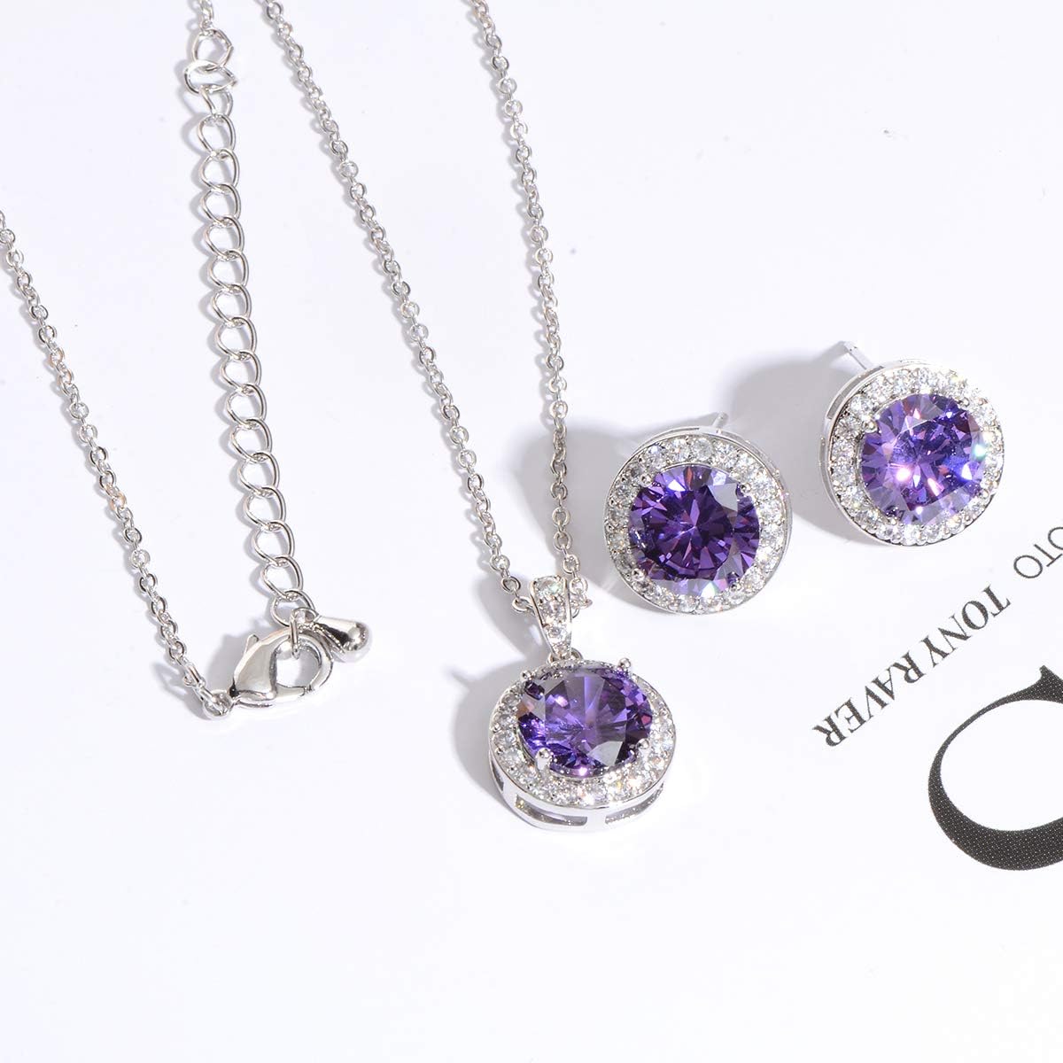 Bridal Crystal Jewelry Set - Sterling Silver Round Cubic Zirconia CZ Rhinestone Halo Birthstone Pendant Necklace Stud Earrings Set for Wedding Bride Bridesmaids Birthday Gift - Image 3