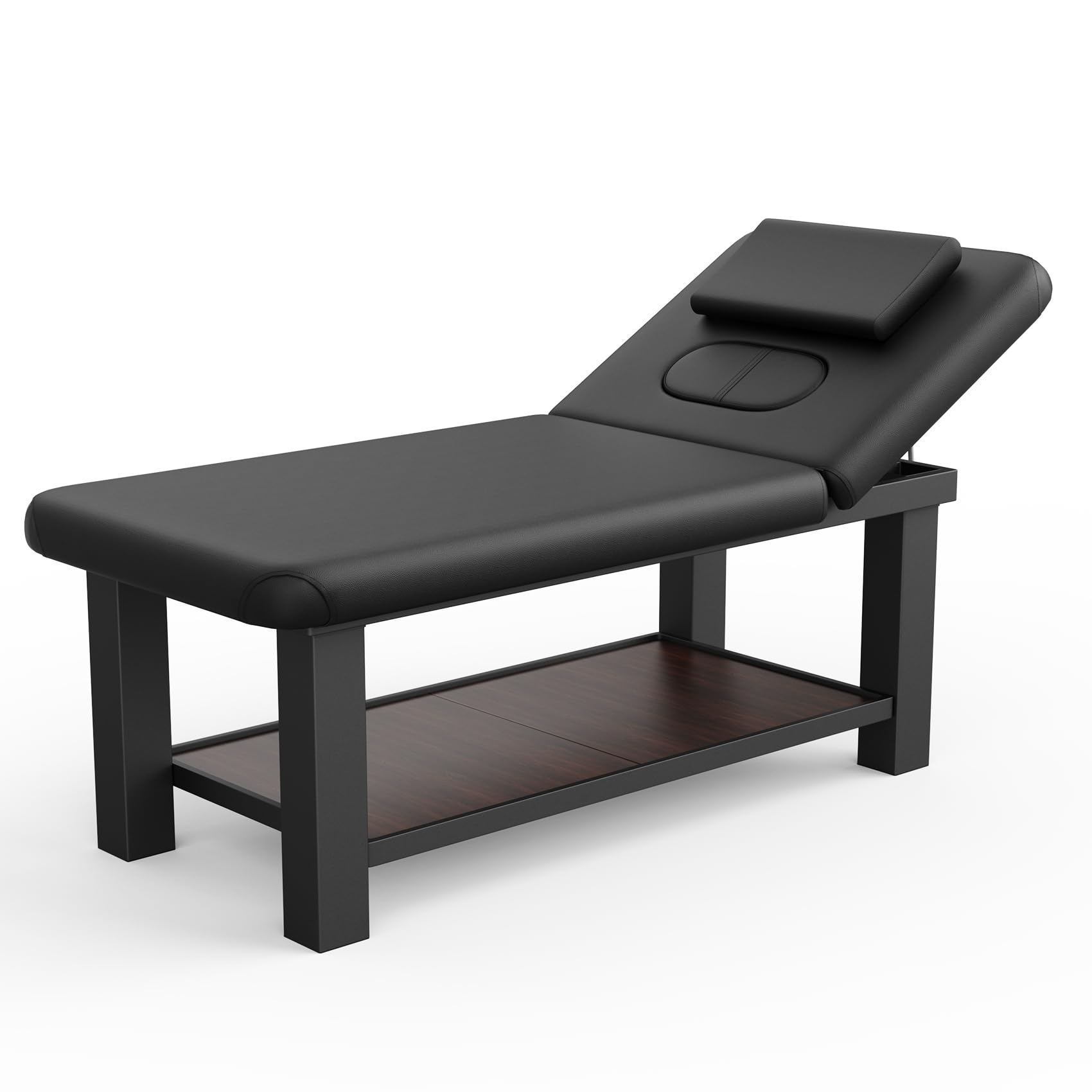 Heavy Duty Stationary Massage Table with Open-Chest & Headrest for Treatment Table, Physical Therapy Table, Spa Facial Professional Massage Bed, Metal Frame Black Leather 31.5'' W x 75.5'' L, 700LBS
