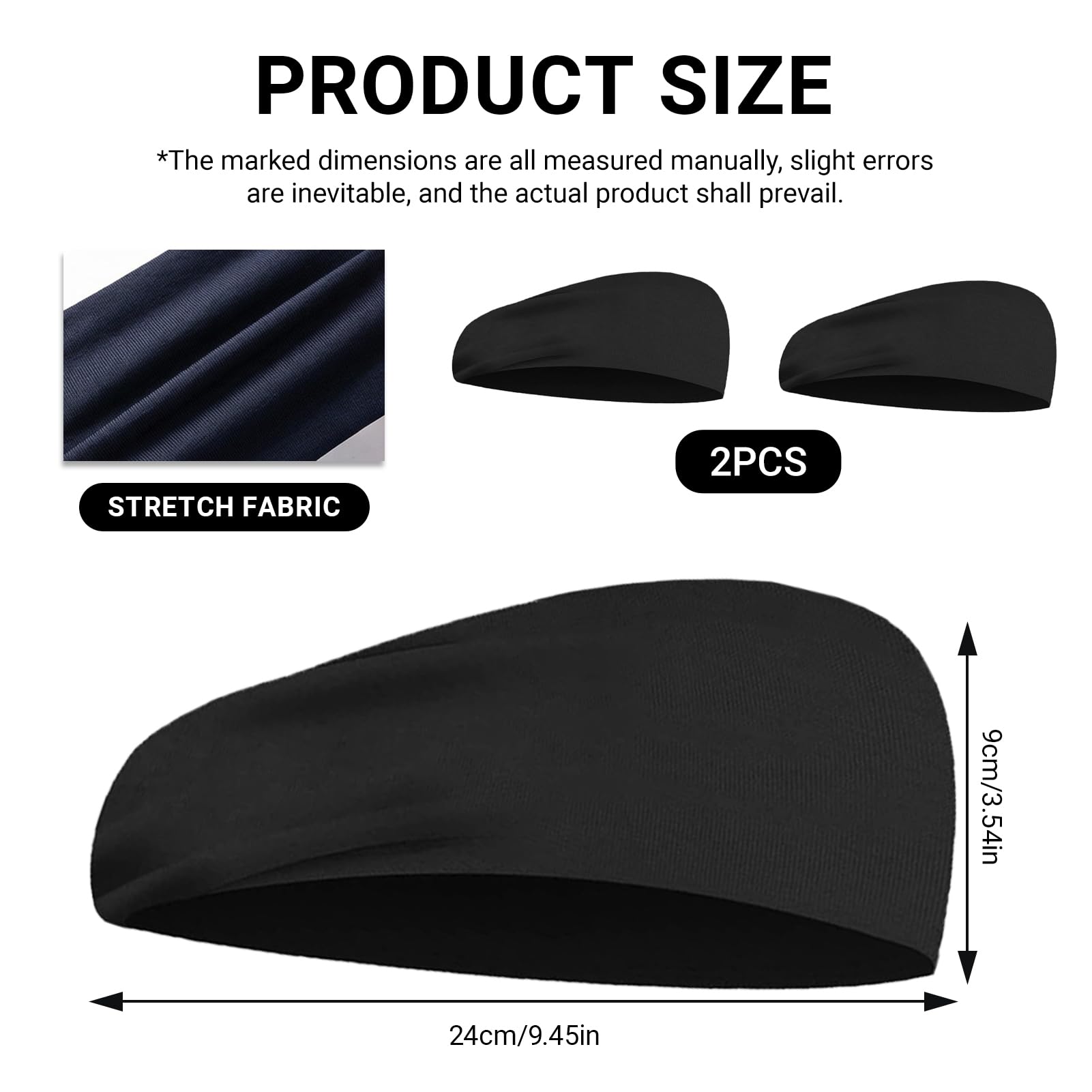 2 Pezzi Fascia Sportiva Donna Uomo, Antiscivolo e Traspiranti, Fascia Elastica per Allenamento per Fitness, Ciclismo, Corsa, Escursionismo e Yoga (Nero) - 2