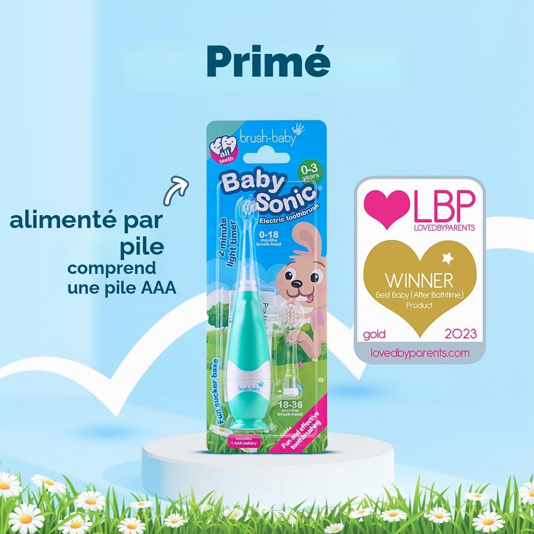 Brush-Baby BabySonic Brosse à dents électrique Teal, 0 à 36 mois - Douce, vibrante doucement pour les gencives sensibles et les premières dents - Avec lumière LED - Têtes de brosse pour bébés et
