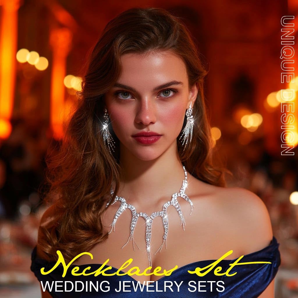 EVILD Silver Rhinestone Jewelry Set Wedding Necklace and Earring Set for Women - Image 6