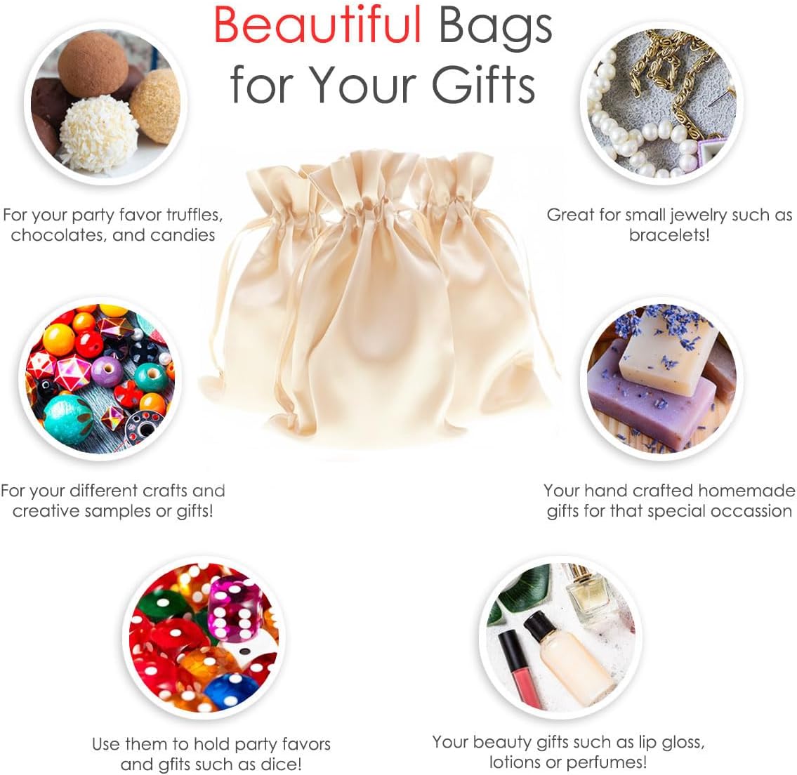 Knitial 5" x 8" Ivory Satin Gift Bags, Jewelry, Wedding Favor Drawstring Bags Baby Shower Christmas 50 Count - Image 2