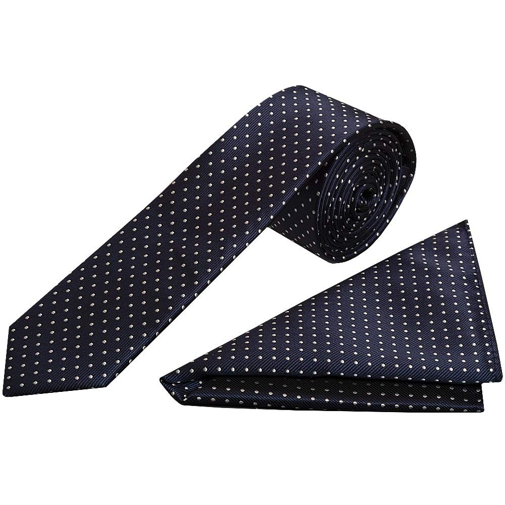 TIES R US Navy Blue and White Polka Dot Skinny Men's Tie Handkerchief Set