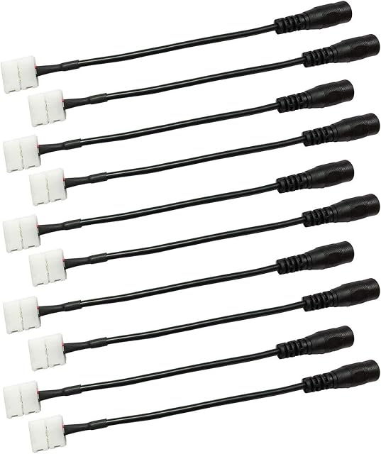 LitaElek 10pcs LED Strip to DC Power Supply Connector to LED Controller Adapter with 5.5mm x 2.1mm DC Jack Adaptor for 10mm wide 2 pin SMD 5050 5630 LED Ribbon LED Tape LED Rope Light- 15cm/ 6in Long