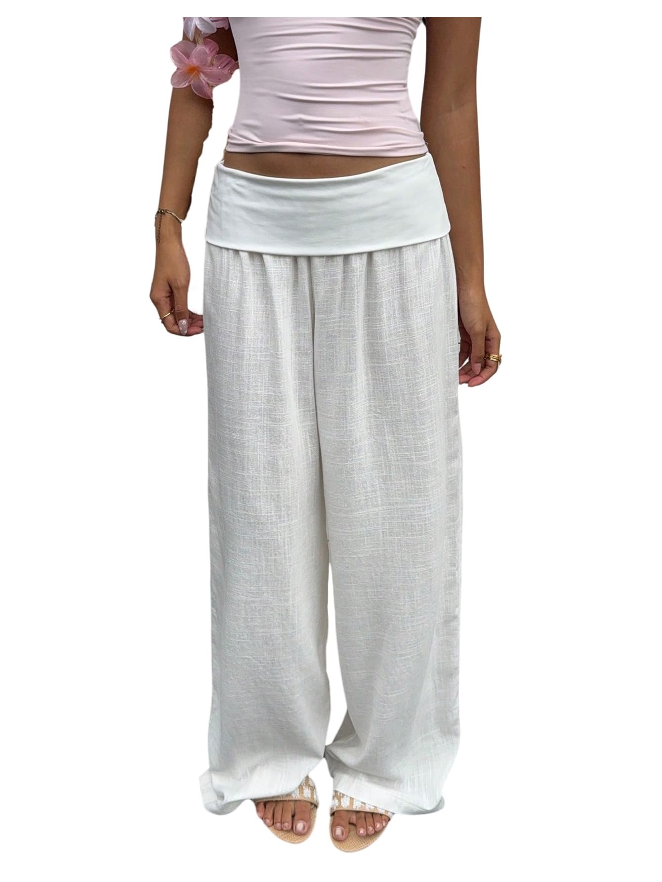 SOLY HUX Womens Wide Leg Pants Elastic Low Rise Baggy Casual Beach Long Trousers