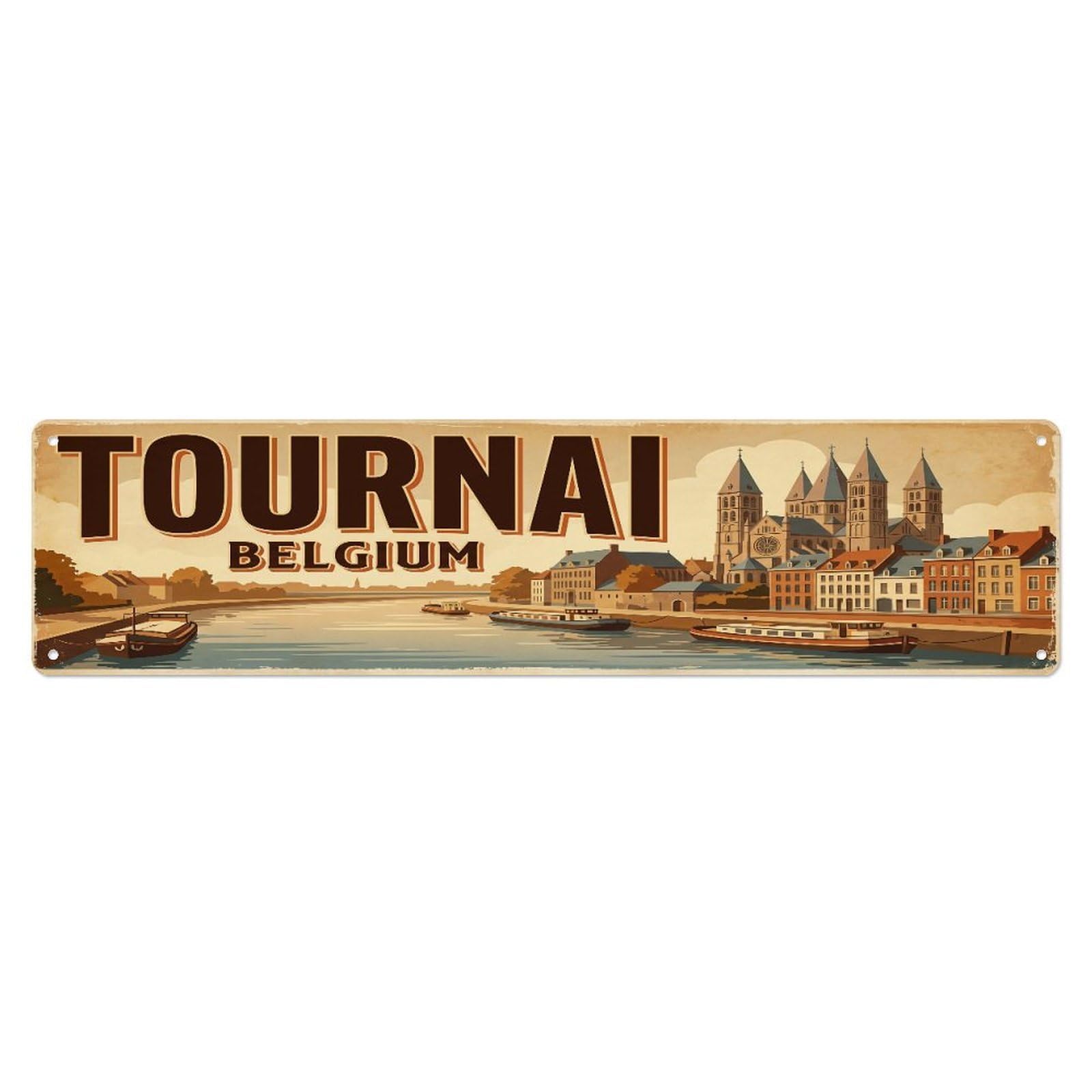 Metal Tin Sign Vintage Travel Belgium Tournai
