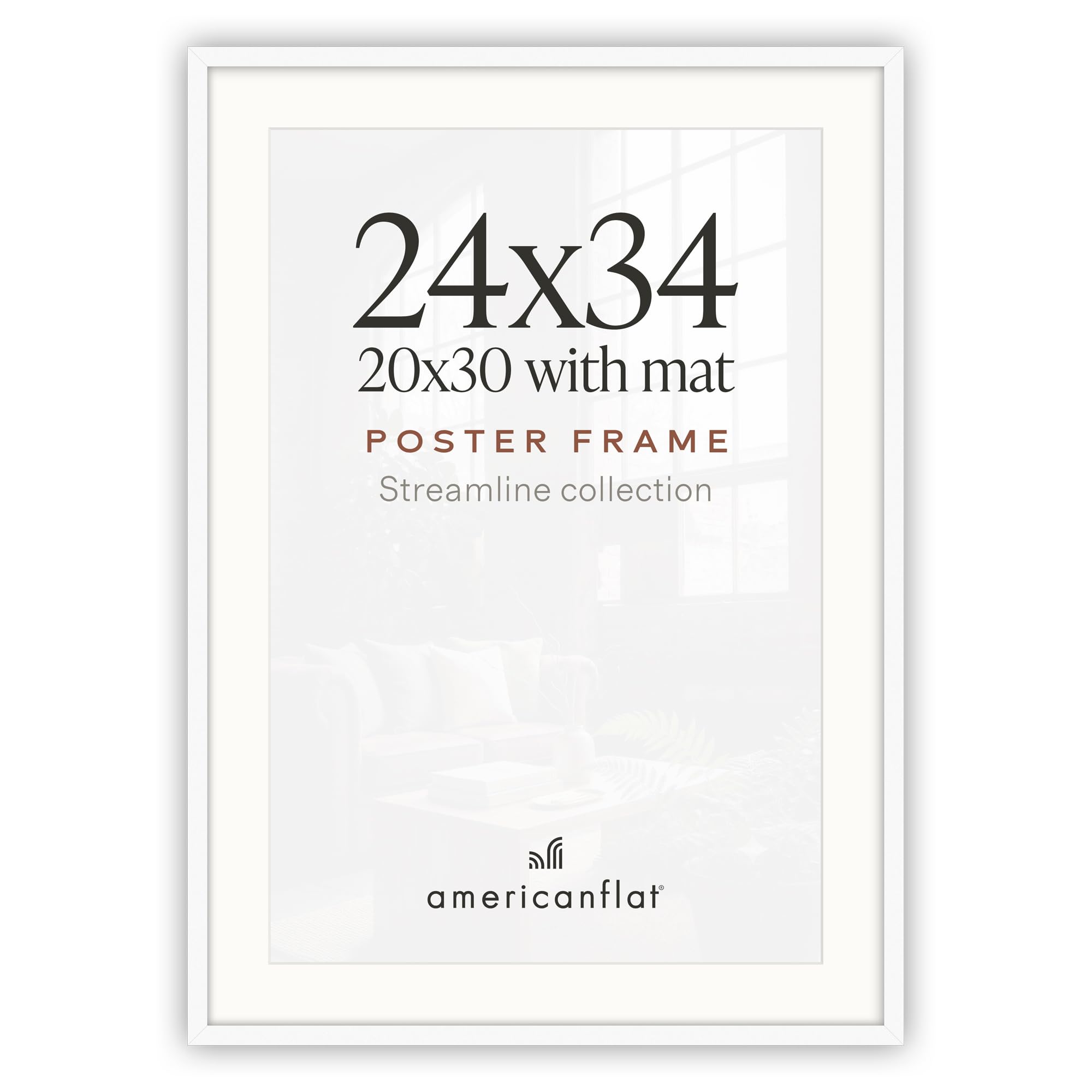Americanflat Posterrahmen mit poliertem Plexiglas, 61 x 86 cm, als 50 x 76 cm mit Passepartout oder 61 x 86 cm ohne Passepartout, dünner Rahmen für Wanddekoration, Streamline Collection, Weiß