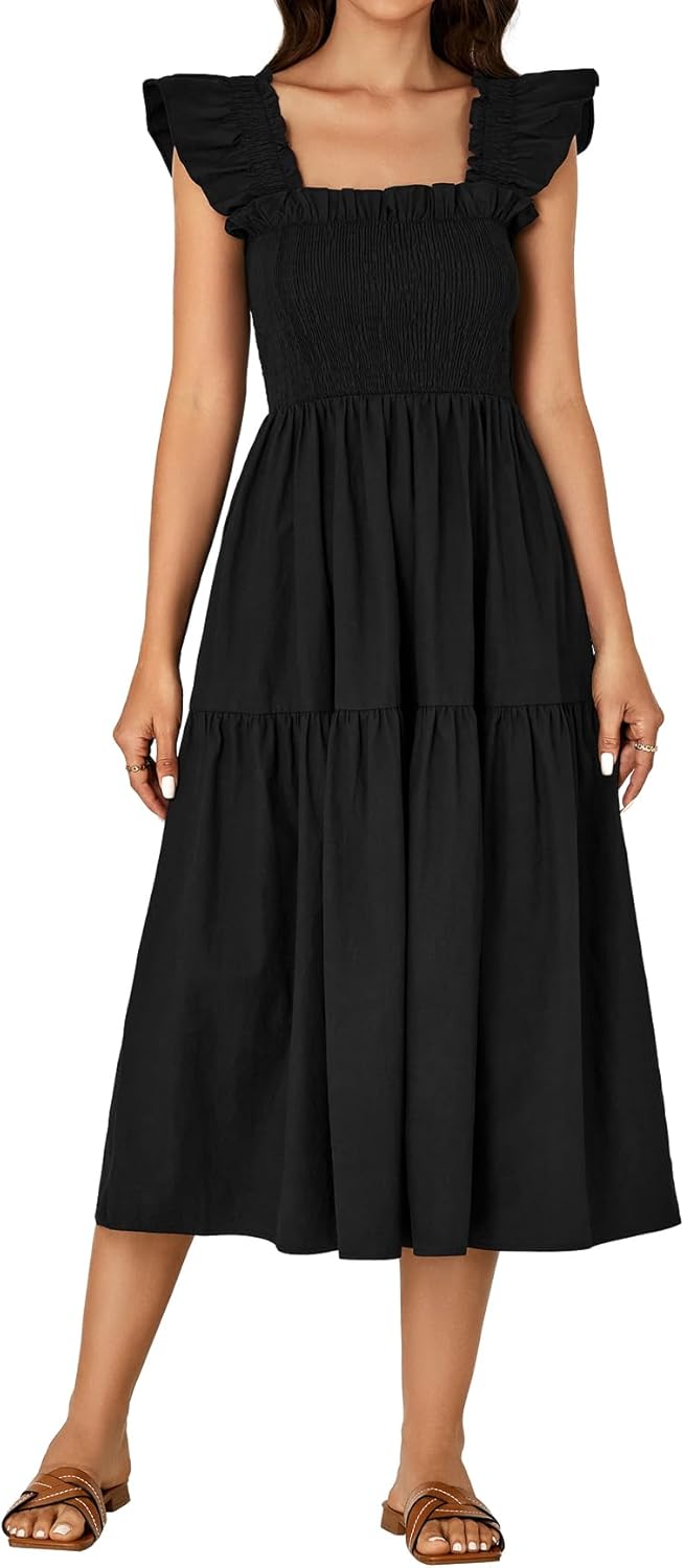 Rooscier Women's Square Neck Backless Smocked Ruffle Sleeveless Sundress A Line Midi Dress - Image 6