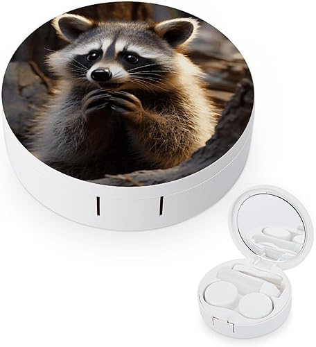 Estuche para lentes de contacto de viaje, lindo mapache impreso, caja de contacto con solución de espejo, aplicador de botellas, kit de herramientas