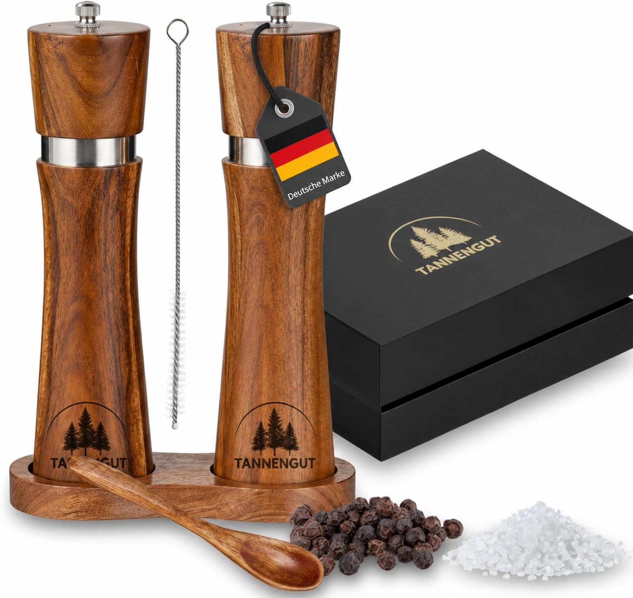 Salz und Pfeffermühle (5-teilig) Gewürzmühlen aus Holz mit Untersetzer Löffel und Bürste Keramikmahlwerk Akazienholz Design Premium Magnetbox