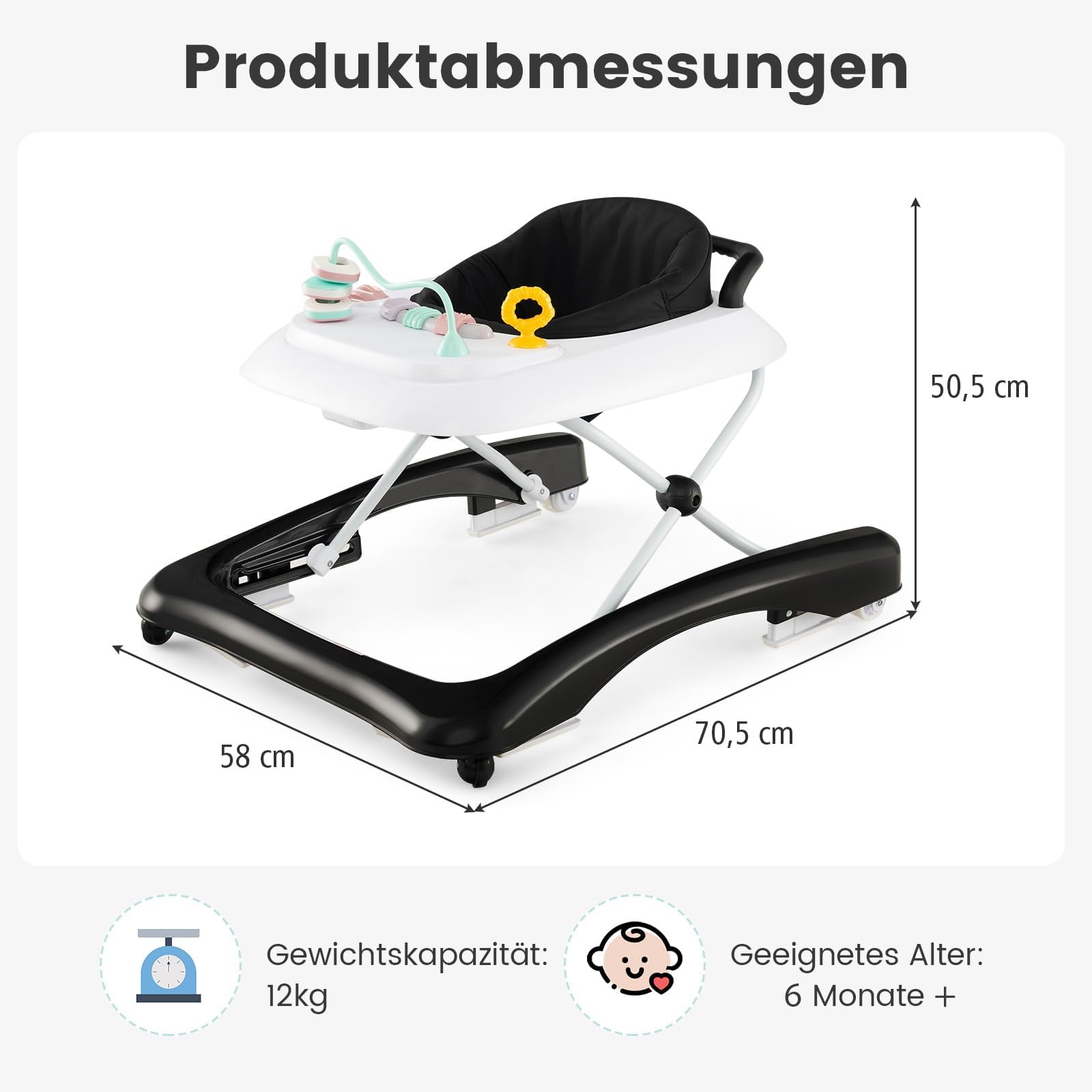 COSTWAY 3 in 1 Lauflernhilfe klappbar, Lauflernwagen mit verstellbarer Höhen & Geschwindigkeit, Baby Walker mit abnehmbarer Spielplatte, Laufwagen gehfrei Baby ab 6 Monaten (Schwarz)