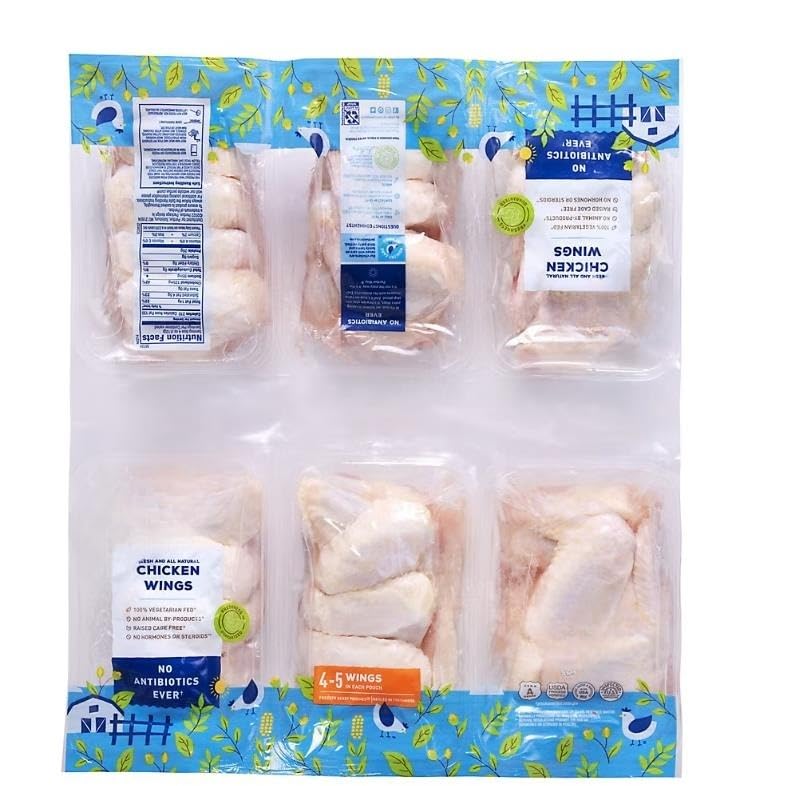 Chicken Wings , delicious chicken that's always 100% Veggie fed with no antibiotics ever. The Wings come fresh with whole three-joint chicken wings, packed 4 - 5 wings per pouch, six pouches per pack. The pouch makes wing night easy. 1 lb Each 6 pk