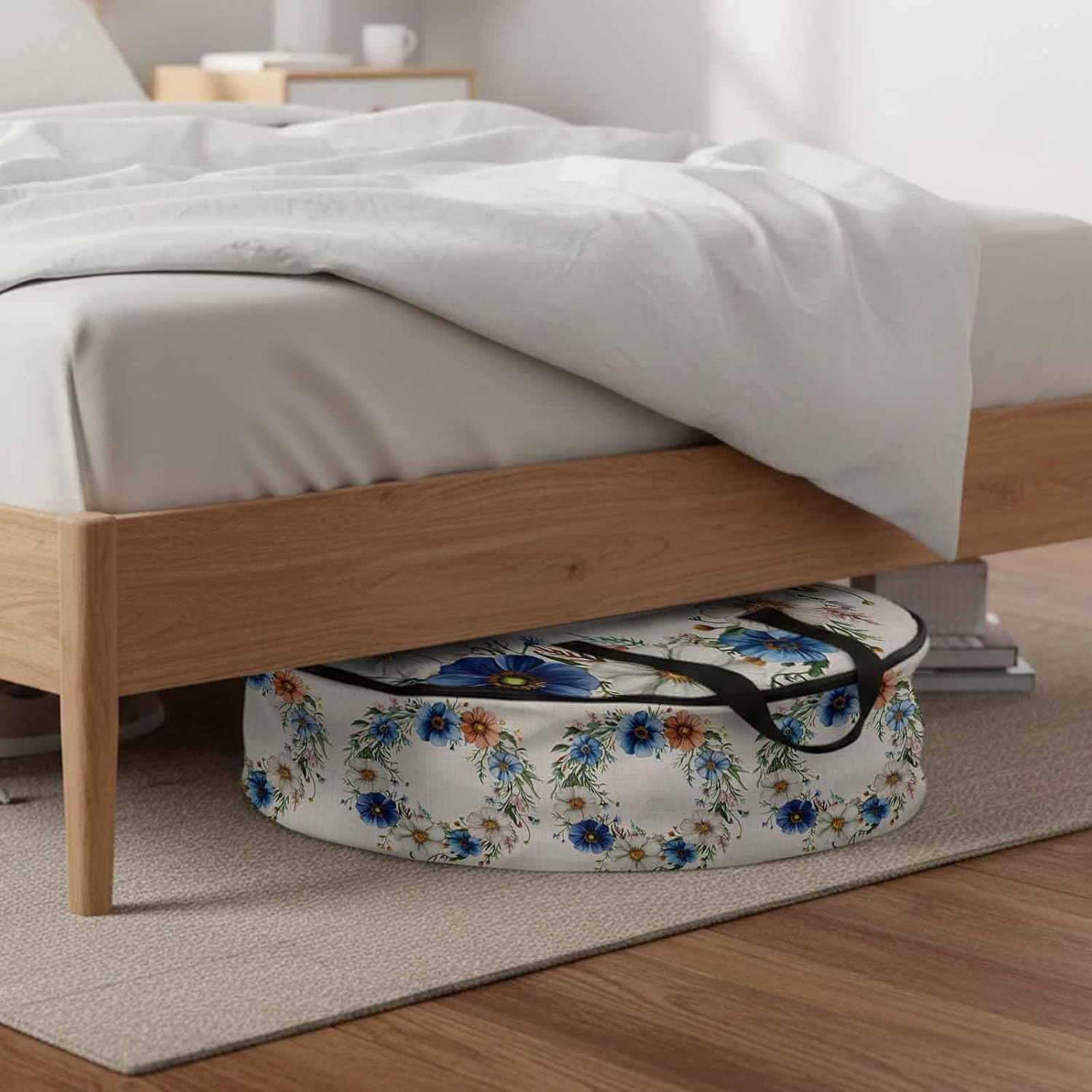 Spring Plant Round Storage Bag 36 Inch, White Blue Circle Flower Linen Texture Clothes Storage Container with Handles Heavy Duty Organizer for Comforter, Bedding & Holiday Wreaths