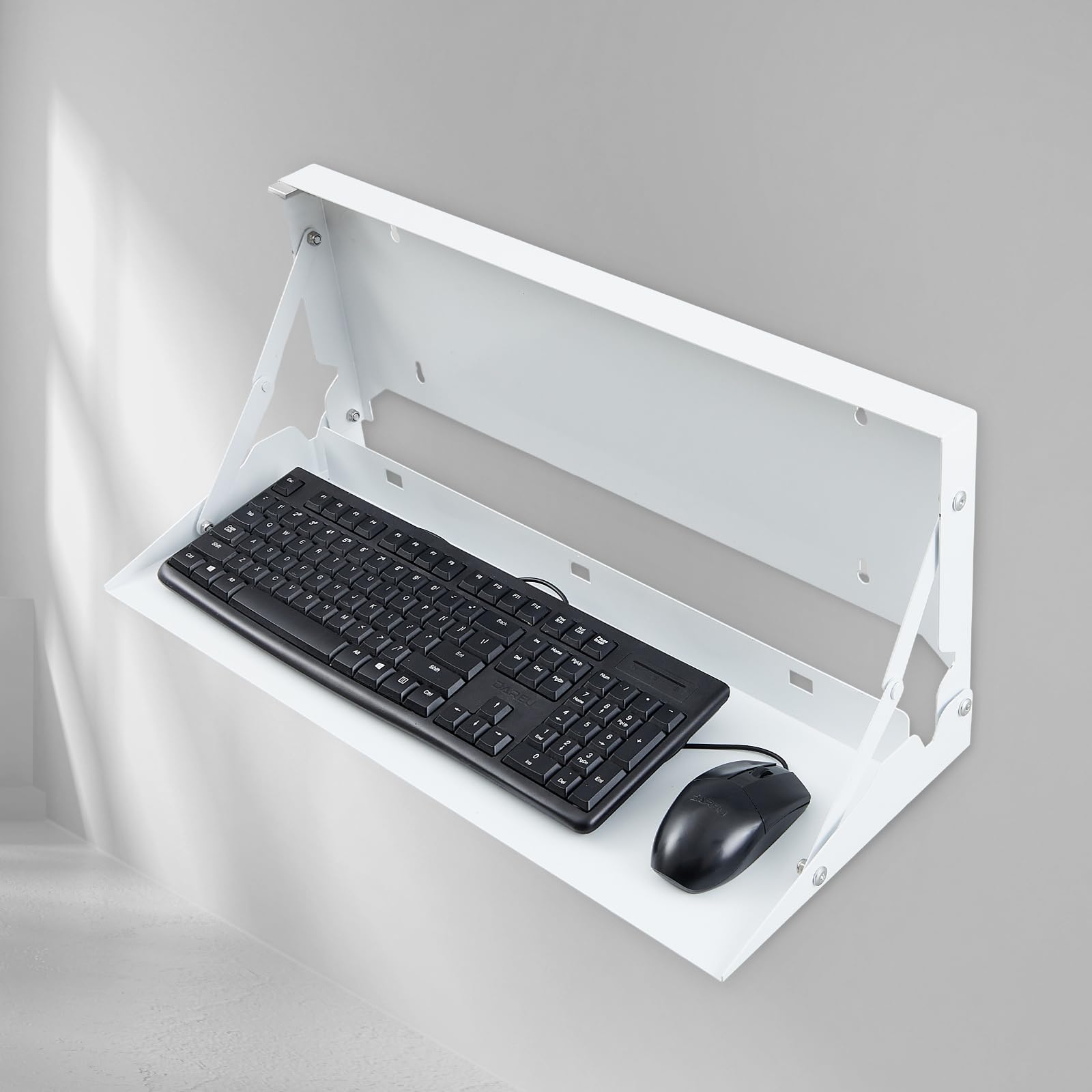 1 Pcs 24 Inch Keyboard Wall Mount Foldable Fits Standard Computer Keyboard Mouse Stand Tray Organizer for Small Offices Apartments, Easy Installation with 4 Screws (White)-image-22