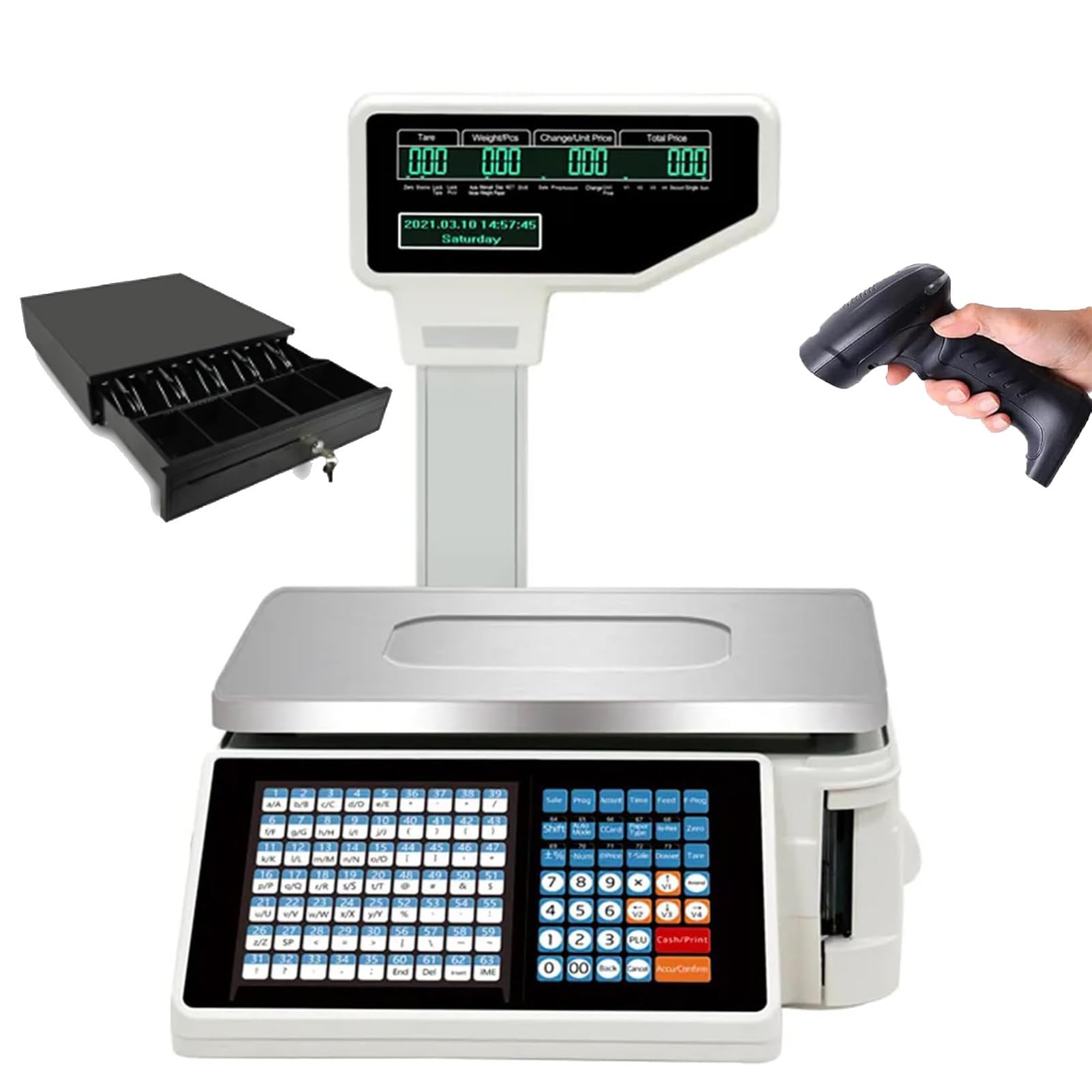 PweKzxt Digital Barcode Weighing Scales, Label Printing Scale Pole Display, Commercial Scales Retail Electronic Balance,Commercial Digital Cash Register Weight Scale Machine+scanner+cashbox