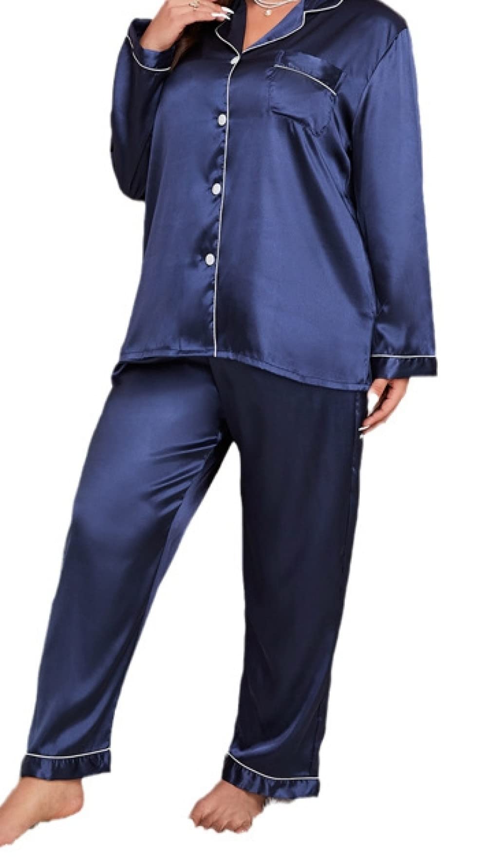 Pijamas para Mujer Conjunto De Pijama De Poliéster De Mujer De Gran Tamaño con Bolsillos De Solapa Azul Conjunto De Dos Piezas De Pijama De Manga Larga Suave Y Elegante para Mujer Regalo De Festiv