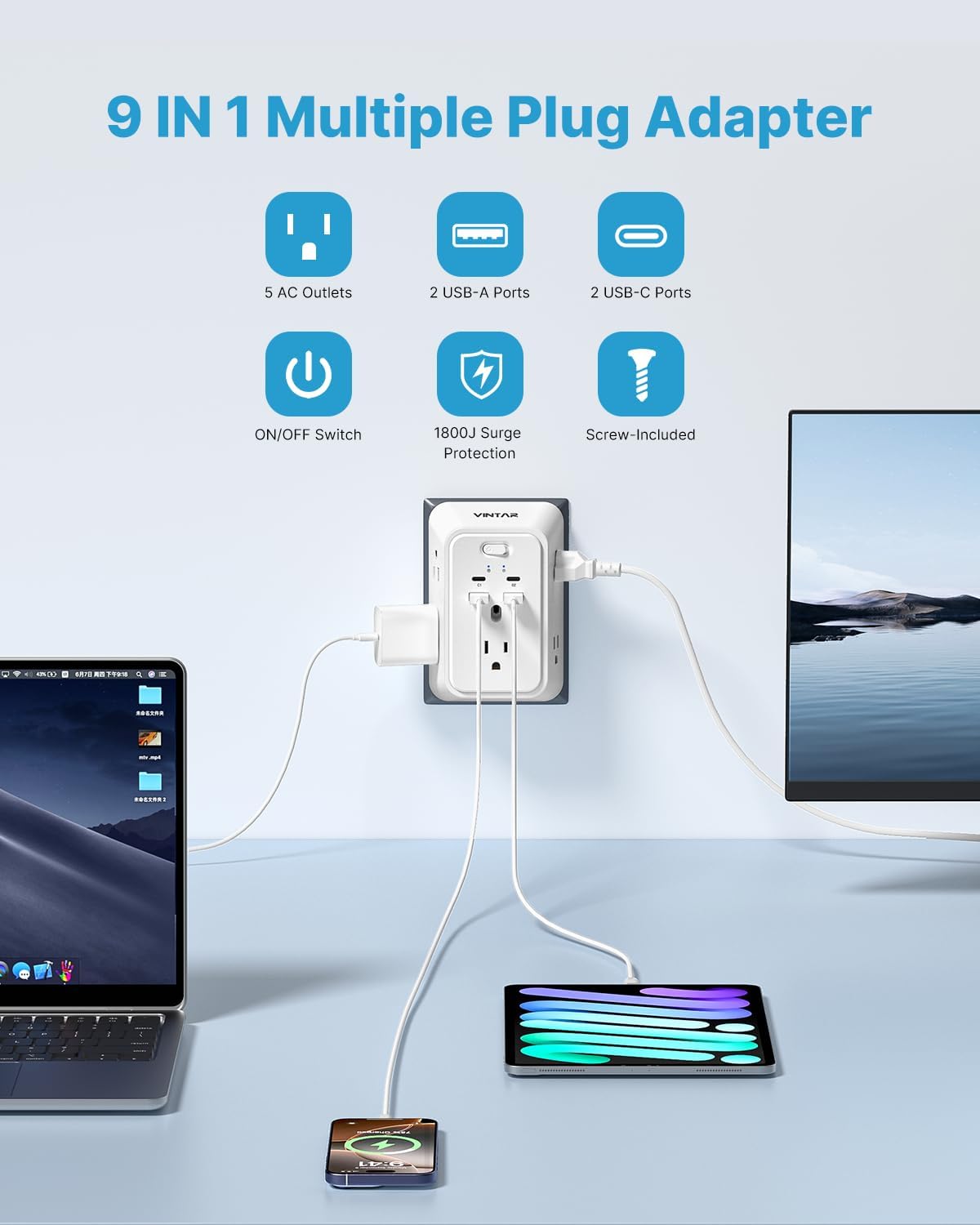 VINTAR 2 to 3 Prong Outlet Adapter, 2 Prong Power Strip with 5 AC Outlets and 4 USB (2 USB C), Polarized Plug, 3-Sided Wide Spaced Surge Protector, Wall Mount for Non-Grounded Plug Old Homes Hotels