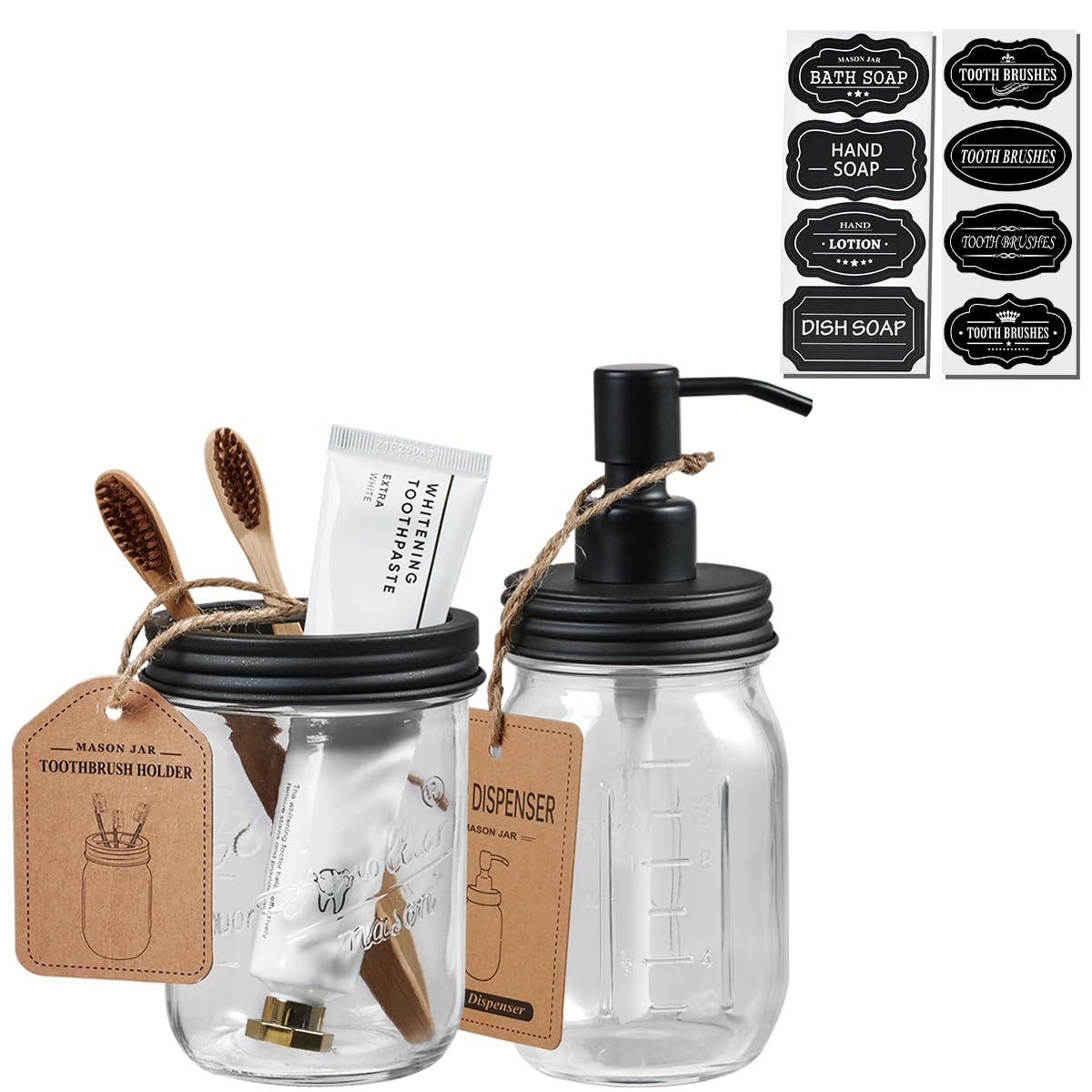 SheeChung Juego de accesorios de tarro Mason, juego de 2 accesorios de baño de vidrio, soporte para cepillo de dientes, dispensador de jabón de loción para decoración rústica de granja, decoración de