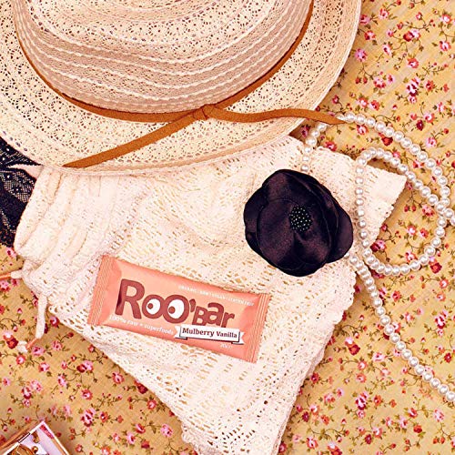Roobar Barra de morera y vainilla-sin lácteos y sin gluten, 100% orgánico, vegano, crudo, con superalimentos, sin la adición de azúcar refinada-12 barras de 30 g en una caja