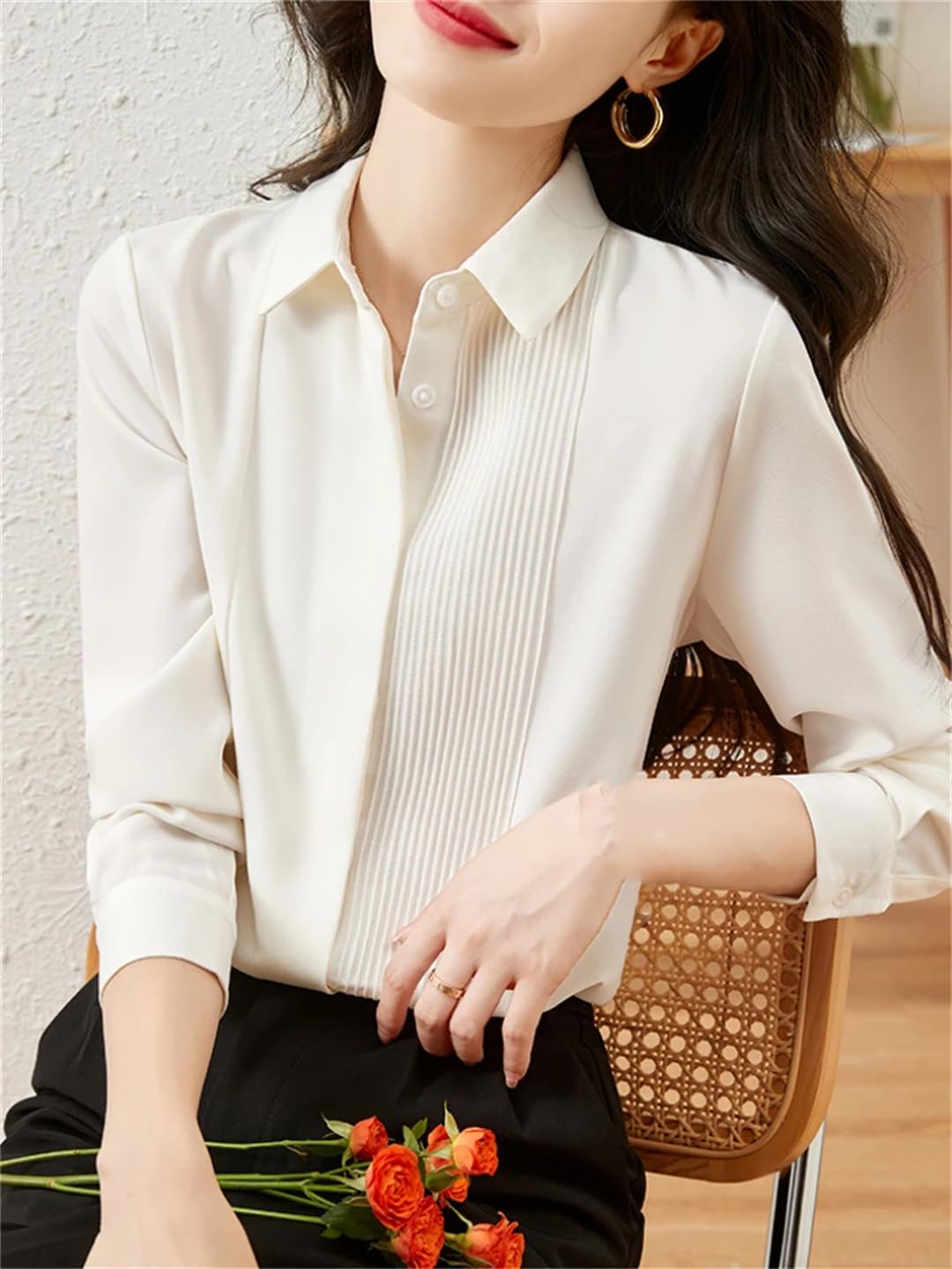 Camicia da donna con risvolto bianco plissettato primavera manica lunga formale base ufficio top