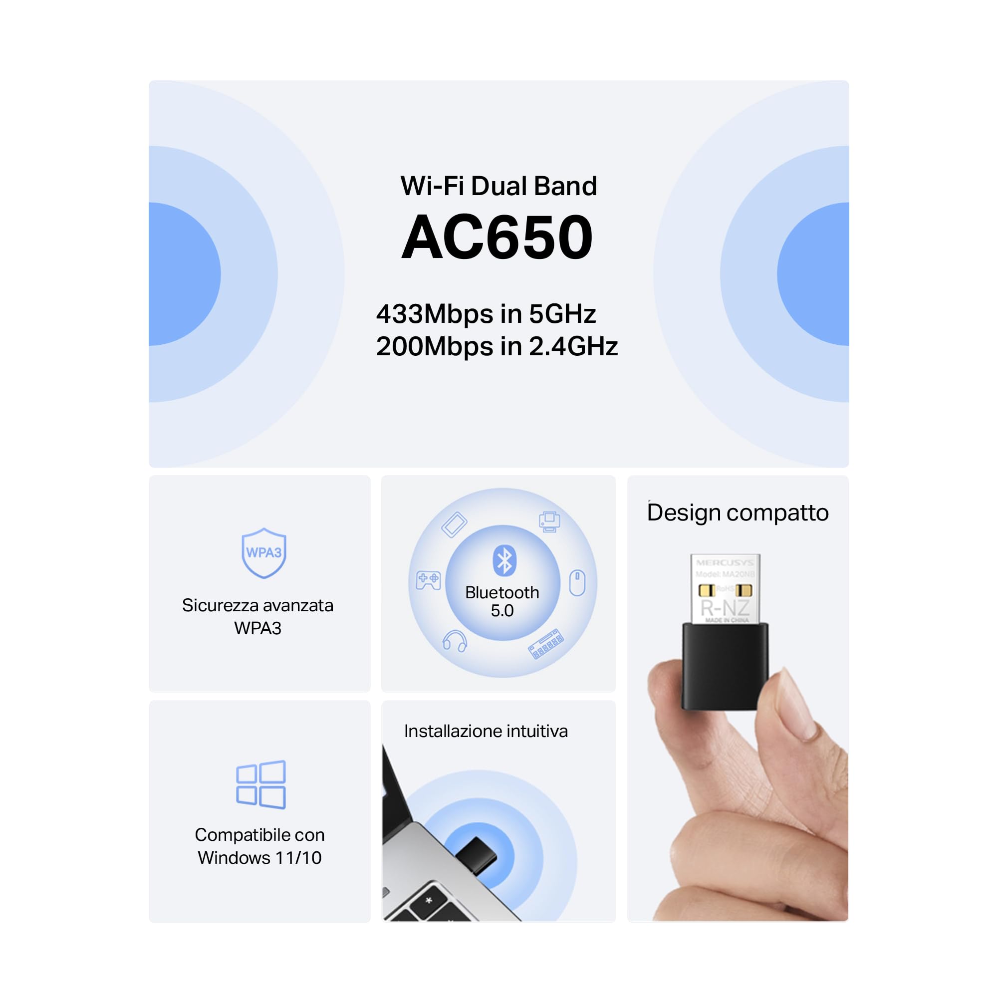 Mercusys TP-Link MA20NB Adattatore WiFi USB AC650Mbps con Bluetooth 5.0, Nano Chiavetta WiFi per PC Fisso, Dual Band 433/200 Mbps, WPA3, USB 2.0, Plug & Play, Compatibile Windows 11/10