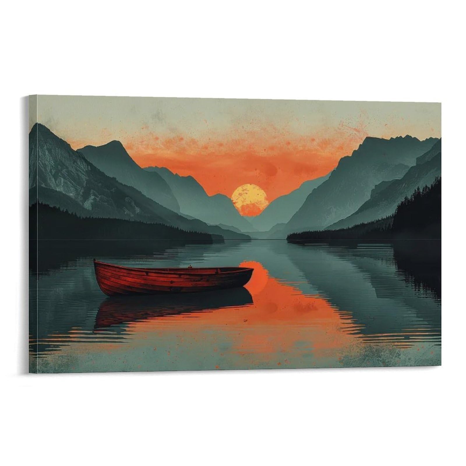 CPLVKWRQJ Sunset Individual Red Boat at Mountain Sunset Wall Art Decor - Kitchen Removable Canvas Wall Art Multi-Purpose Focal Point 20x30inch(50x75cm)