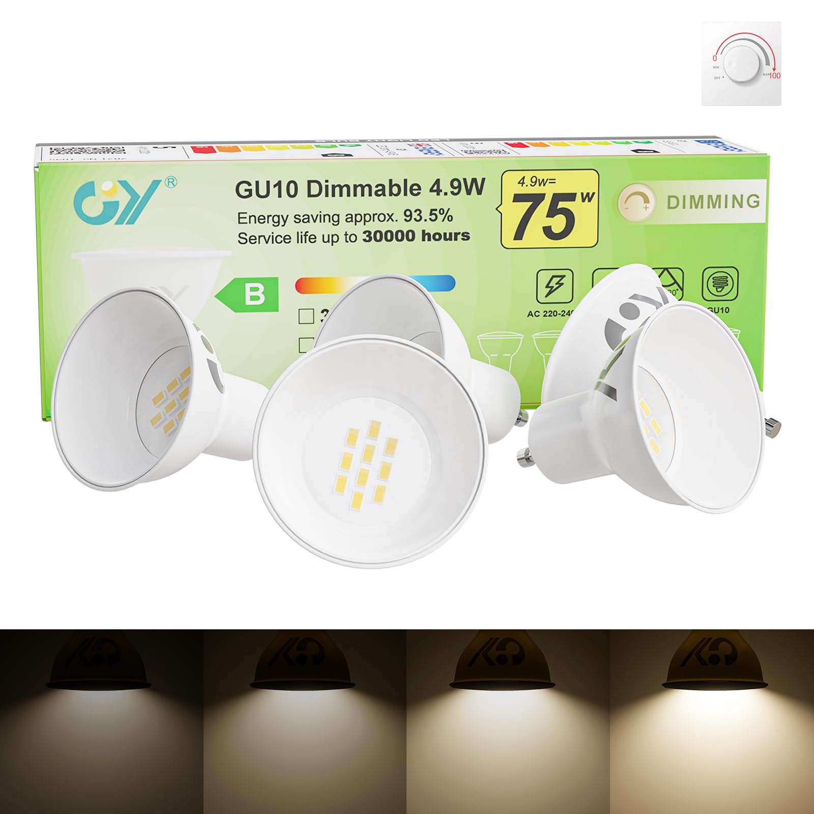 GY GY Dimmable GU10 Neutral White LED Bulb, 4.9W 790LM 4000K High Energy Efficient Light Bulbs,Equivalent to 75W,120° Beam Angle,5-Pack