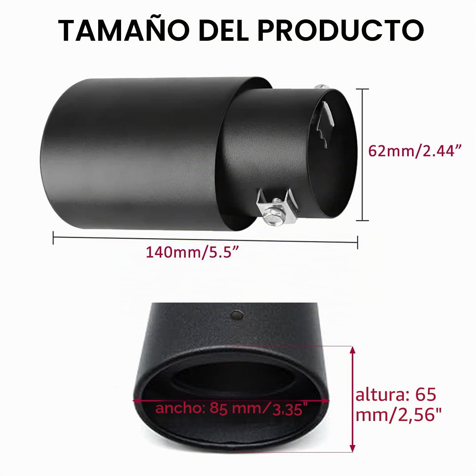 1 x 62 mm Tubo de escape de acero inoxidable Trim Car Tip Tail silenciador Cola garganta negra para Universal Auto Styling