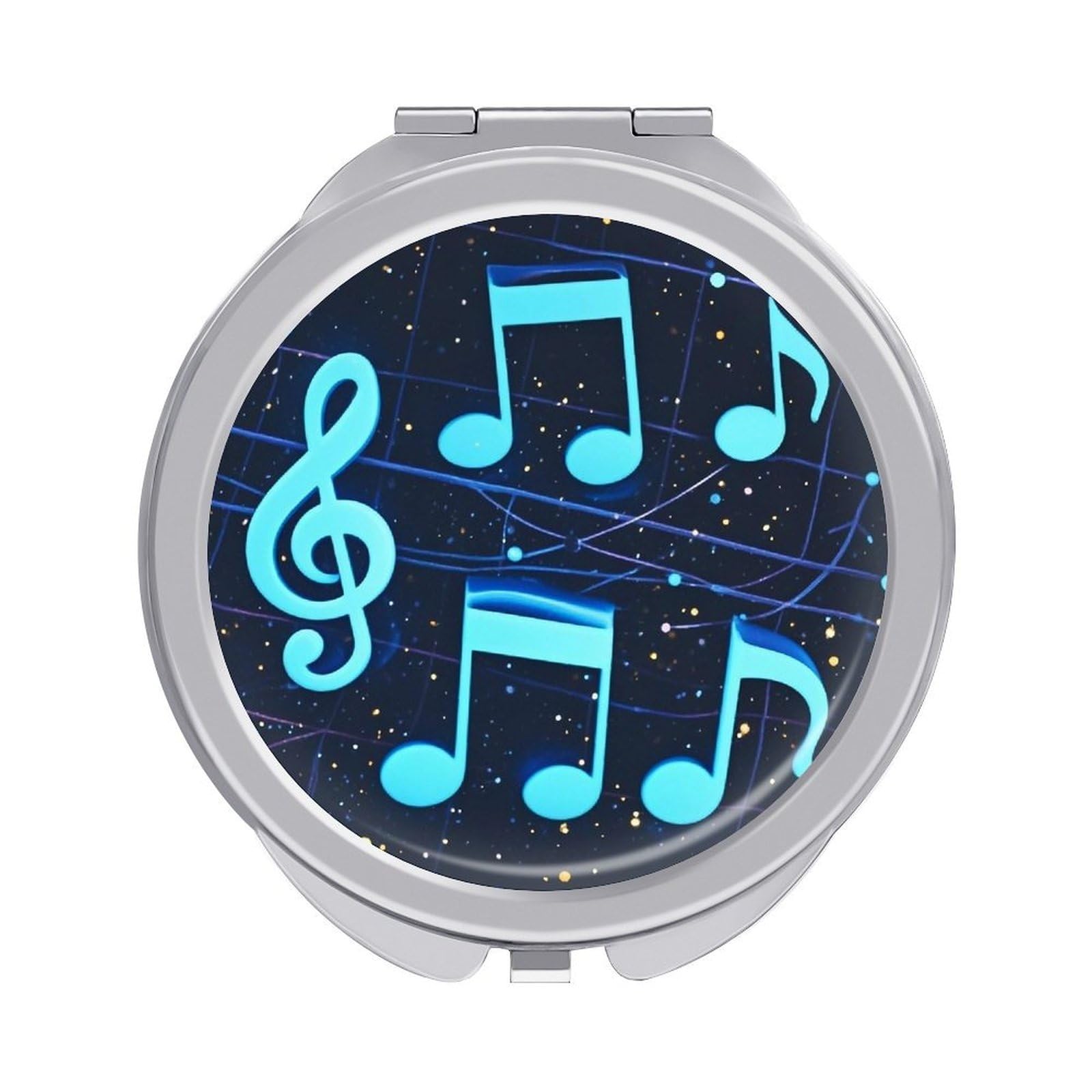 FekiLoot Blue Musical Notes Travel Makeup Mirror for Women Folding Portable Hand Compact Mirrors Small Round Vanity Mirror 1X/2X Magnifying Metal Pocket Makeup Mirrors