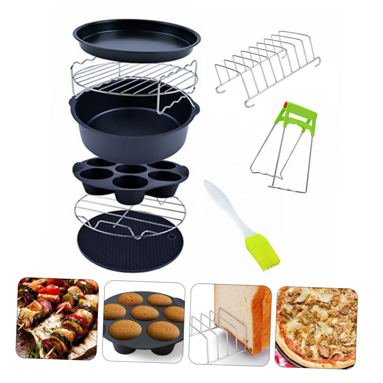 Cabilock 9 Stück Edelstahl Heißluftfritteuse Zubehör mit Antihaftbeschichtetem Backset und Multifunktionalem Korb für Sanftes Kochen und Einfache Reinigung Zufällige Farbe