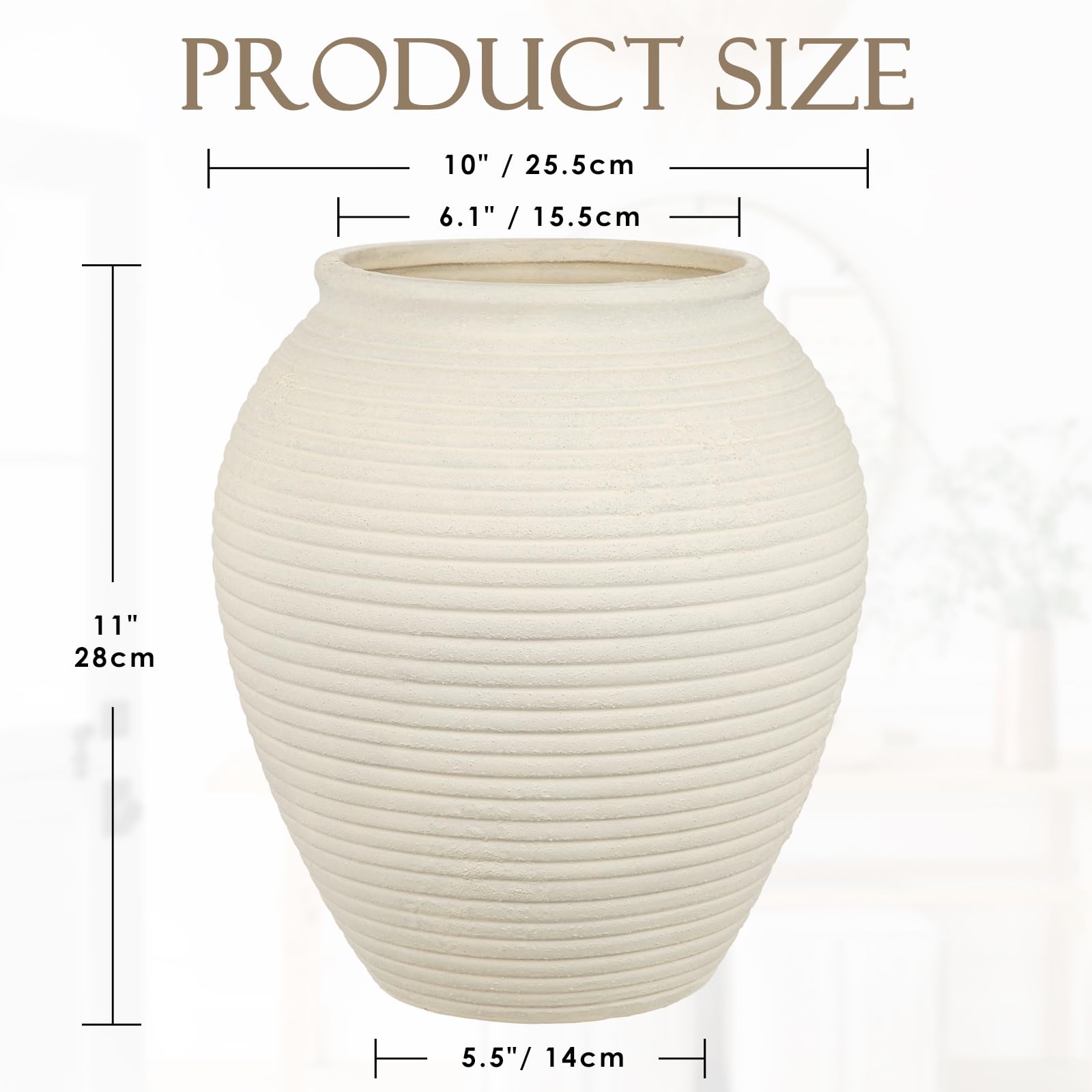 Vintage Keramik Ruastic Keramikvase mit Gerippte Terrakotta-Vase,28cm,Weiß | Terrakotta-Vase Tischvase aus Keramik für Deko Wohnzimmer Home Office, Vase für Pampasgras, Rustikales Antikes Dekor
