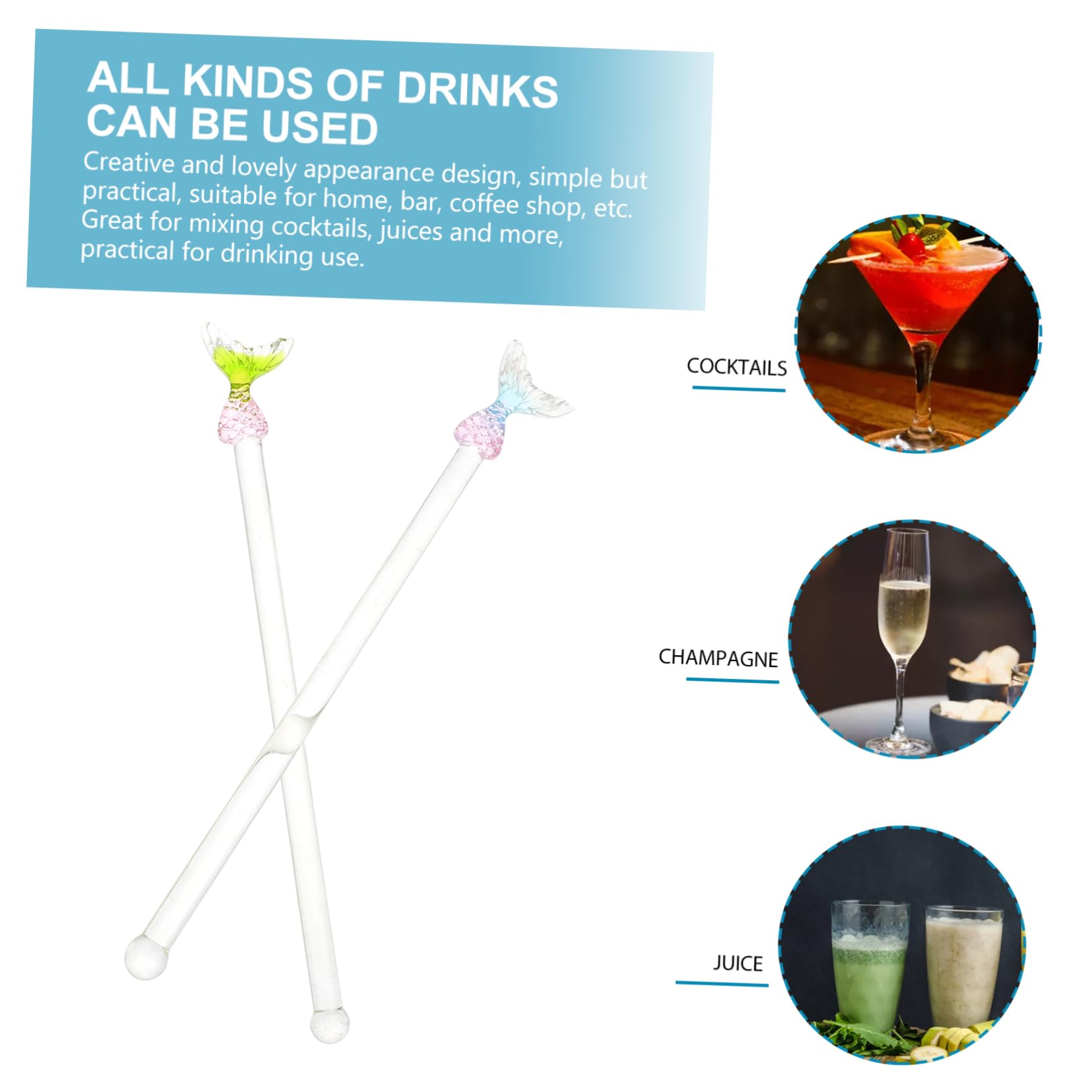 CIYODO 2pcs Mermaid Swizzle Sticks Long Handle Glass Stirring Rods for Drinks and Cocktails Cute and Creative Beverage Stirring Utensils for Home Parties Bars and More