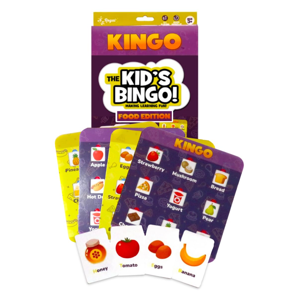 Regal Games Kingo Foods Edition Bingo Game for Kids - Fun Educational Learning for Preschool & Kindergarten - Phonics, Vocabulary Builder & Sight Word Game for Classroom & Home