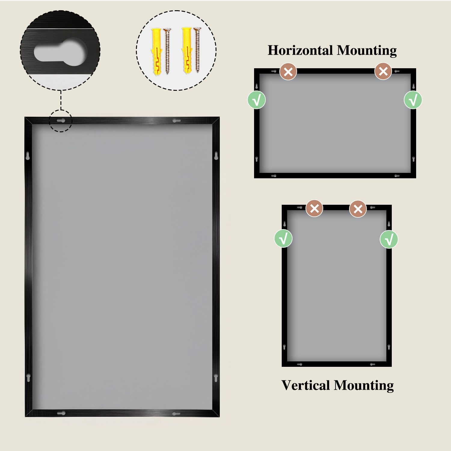 Koonmi Black Mirrors for Wall, 30x40 Inch Bathroom Mirror, Rectangular Wall Mirror for Living Room Bedroom Bathroom, Hangs Horizontally or Vertically