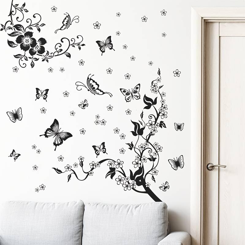 Xtore Butterfly and Flower Design Wall Sticker for Home | Office | Kitchen Decor (Pack of 1, Black) 1