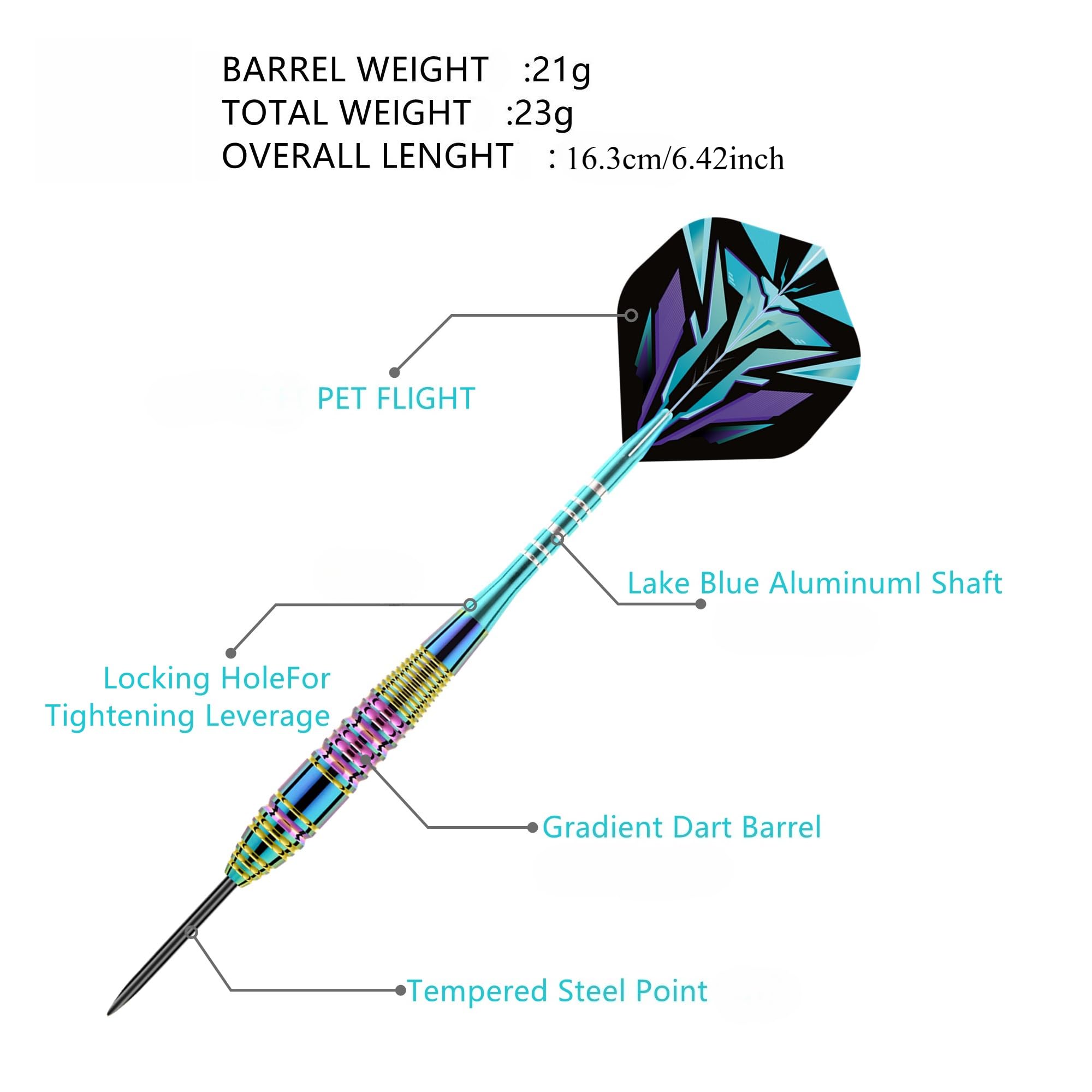 WinRoot 3 fléchettes 23g Fléchettes à Pointe Acier, Barillet Dégradé Multicolore, Tige en Aluminium Bleu, Ailettes Pet, avec Protège-Ailettes et Étui