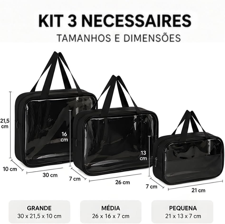 Kit Necessaire 3 em 1 Bolsa de Viagem para Maquiagem e Higiene Pessoal Unissex Washbag Transparente – Grande Capacidade Organizador em PVC Impermeável Ideal para Academia, Mala, Mala de Mão (Preto) Kit Necessaire 3 em 1 Bolsa de Viagem para Maquiagem e Higiene Pessoal Unissex Washbag Transparente – Grande Capacidade Organizador em PVC Impermeável Ideal para Academia, Mala, Mala de Mão (Preto)