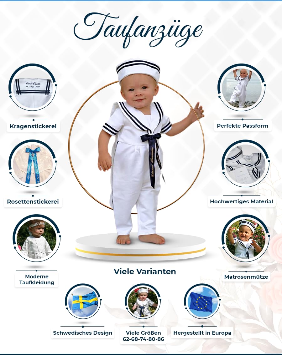 Taufmütze Junge und Mädchen für Taufkleid aus weißem Leinen – Taufhauben Baby Größe 62-86