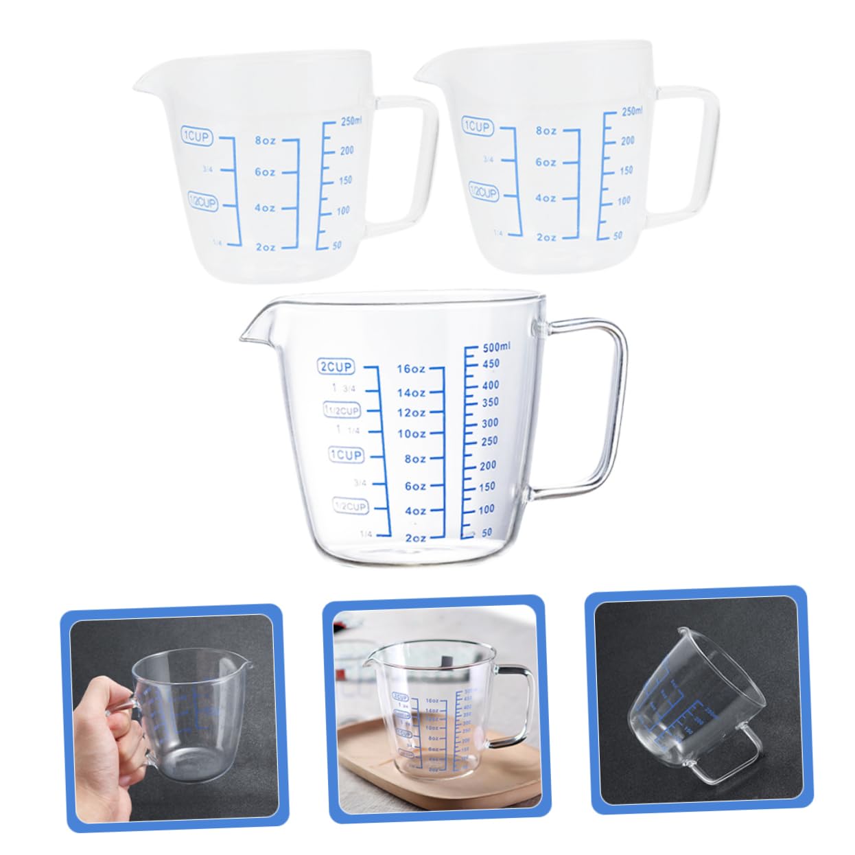 3 Stück Glas Messbecher mit Henkel 250ml und 500ml