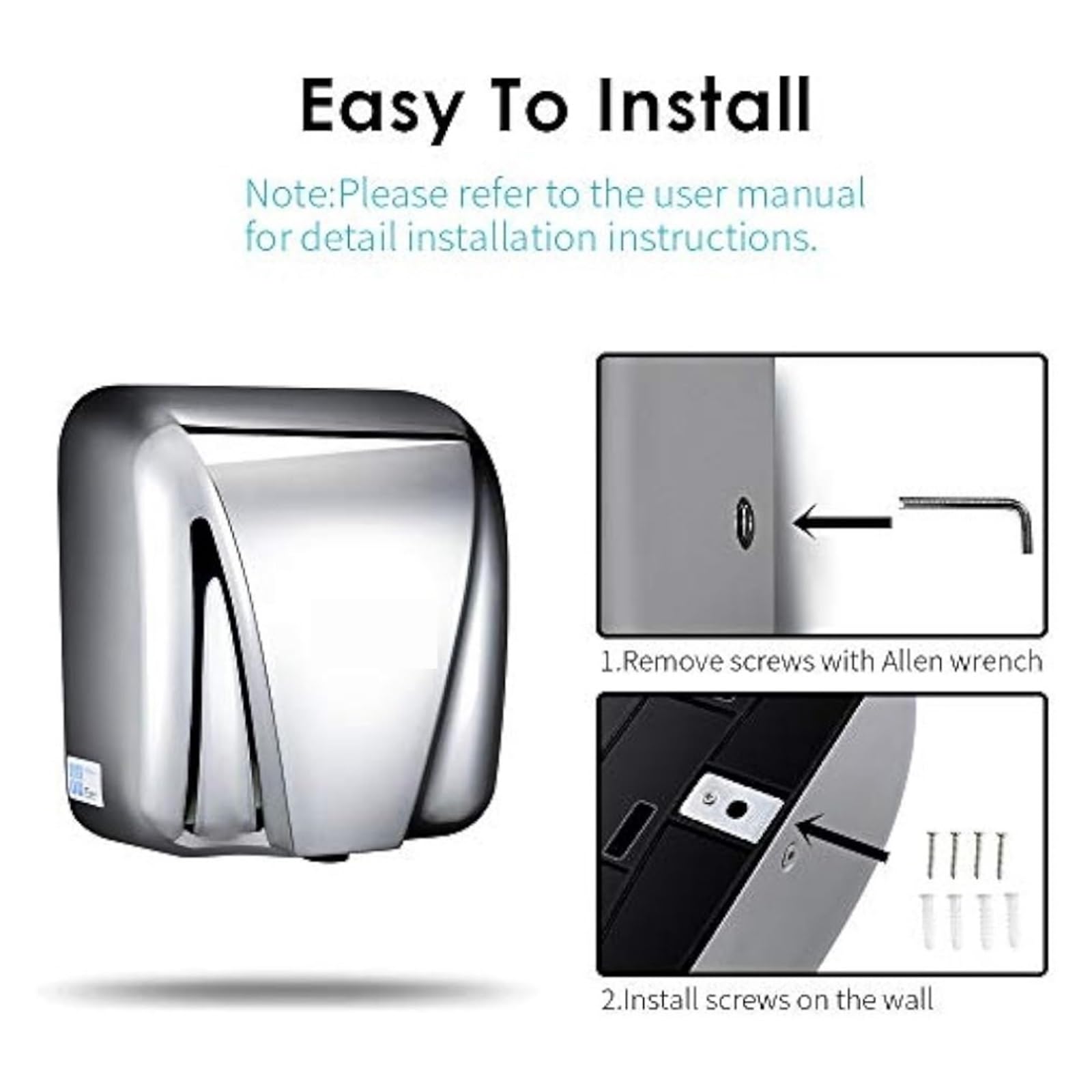 Automatyczne komercyjne suszarki do rąk łazienek Komercyjna, wytrzymała, kompaktowa elektryczna suszarka ze stali nierdzewnej o mocy 1800 W, Artykuły łazienkowe