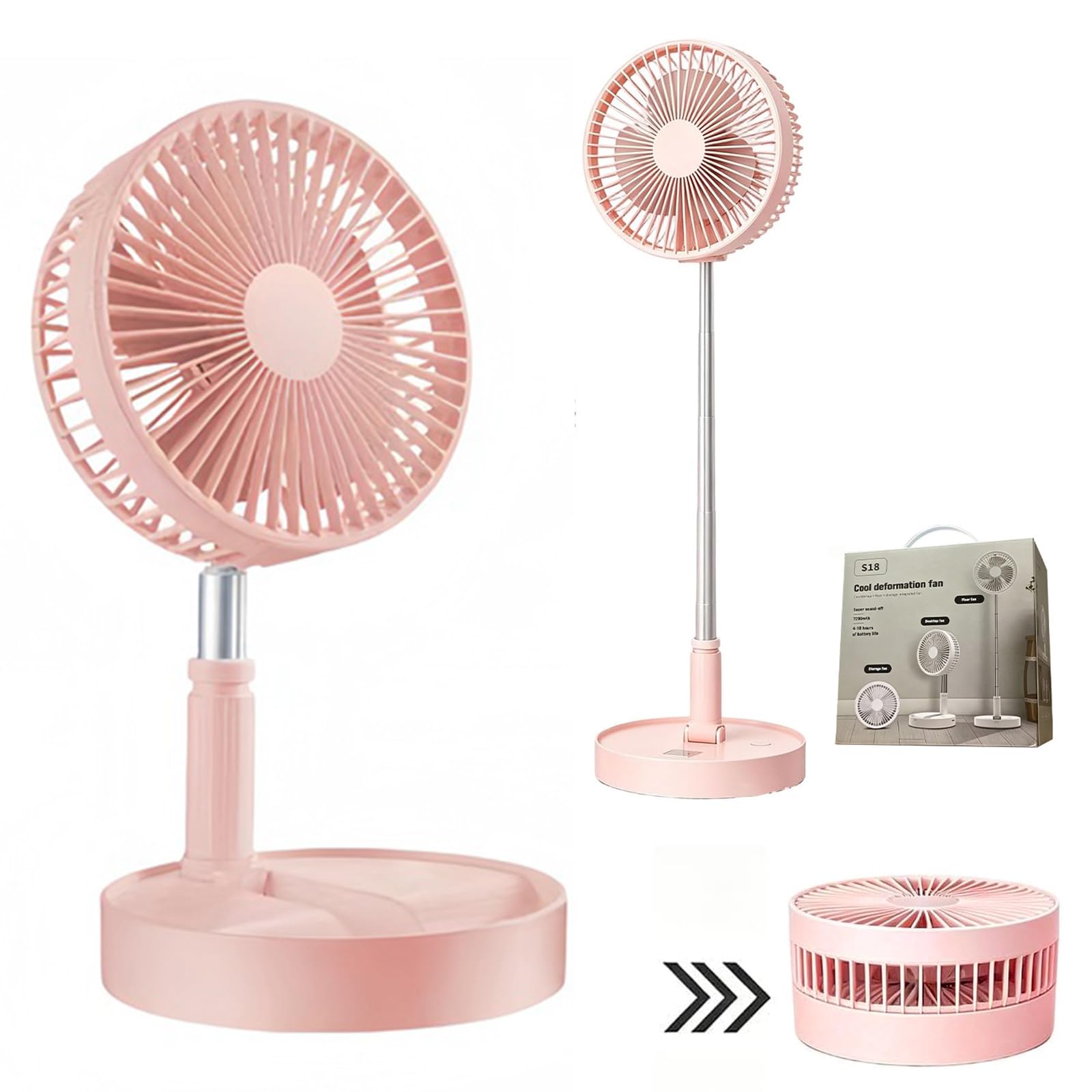 Zenova Portable Standing Fan, 3-in-1 Rechargeable Foldable Pedestal Fan,7200mAh Battery, 4 Speed Quiet Telescopic Floor & Desk Fan for Home Bedroom Camping Travel (Pink)