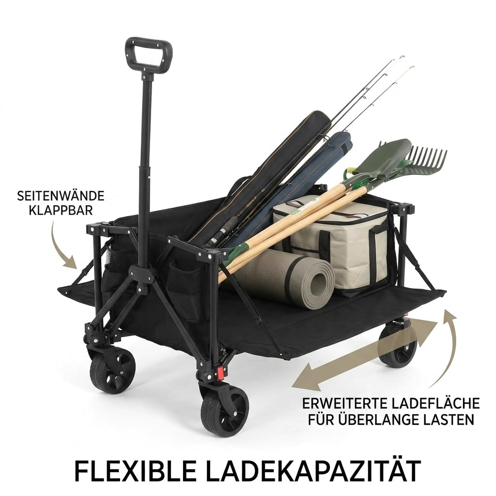 Faltbarer Bollerwagen mit All-Terrain-Rädern, Schwerlast Gartenwagen aus Stahlrahmen mit Verstellbarem Griff, Outdoor Transportwagen für Camping Einkaufen Sport Angeln, Schwarz
