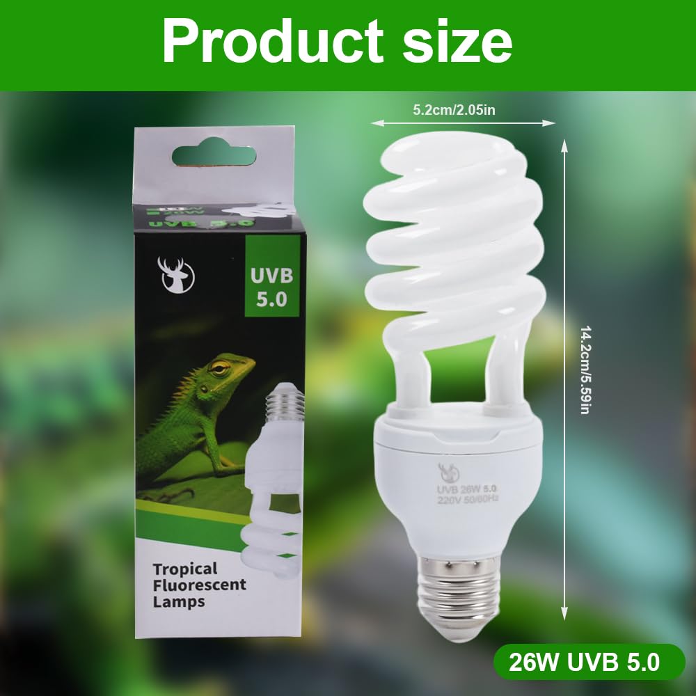 Lotvic Lampada UVB 5.0 UVA 26W, E27 UVA Lampada UVB Tartarughe, per Lucertole, Serpente, Camaleonte, Draghi Barbuti (26W 5.0 UVB)